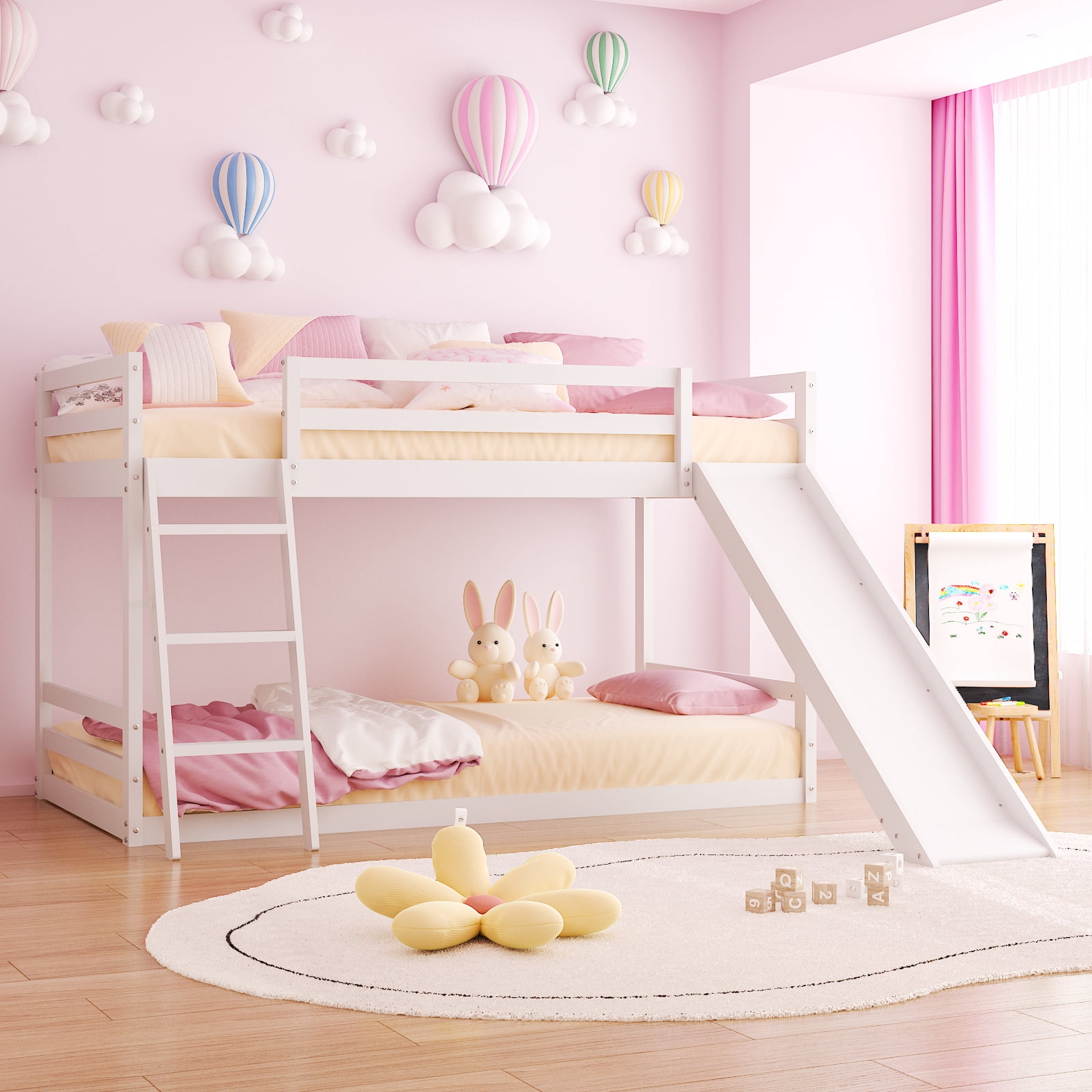 Ktaxon Bunk Bed Twin Over Twin,Kids Low Floor Bed Frame with Slide for Children Boys Girls Dormitory Bedroom,No Box Spring Needed,White