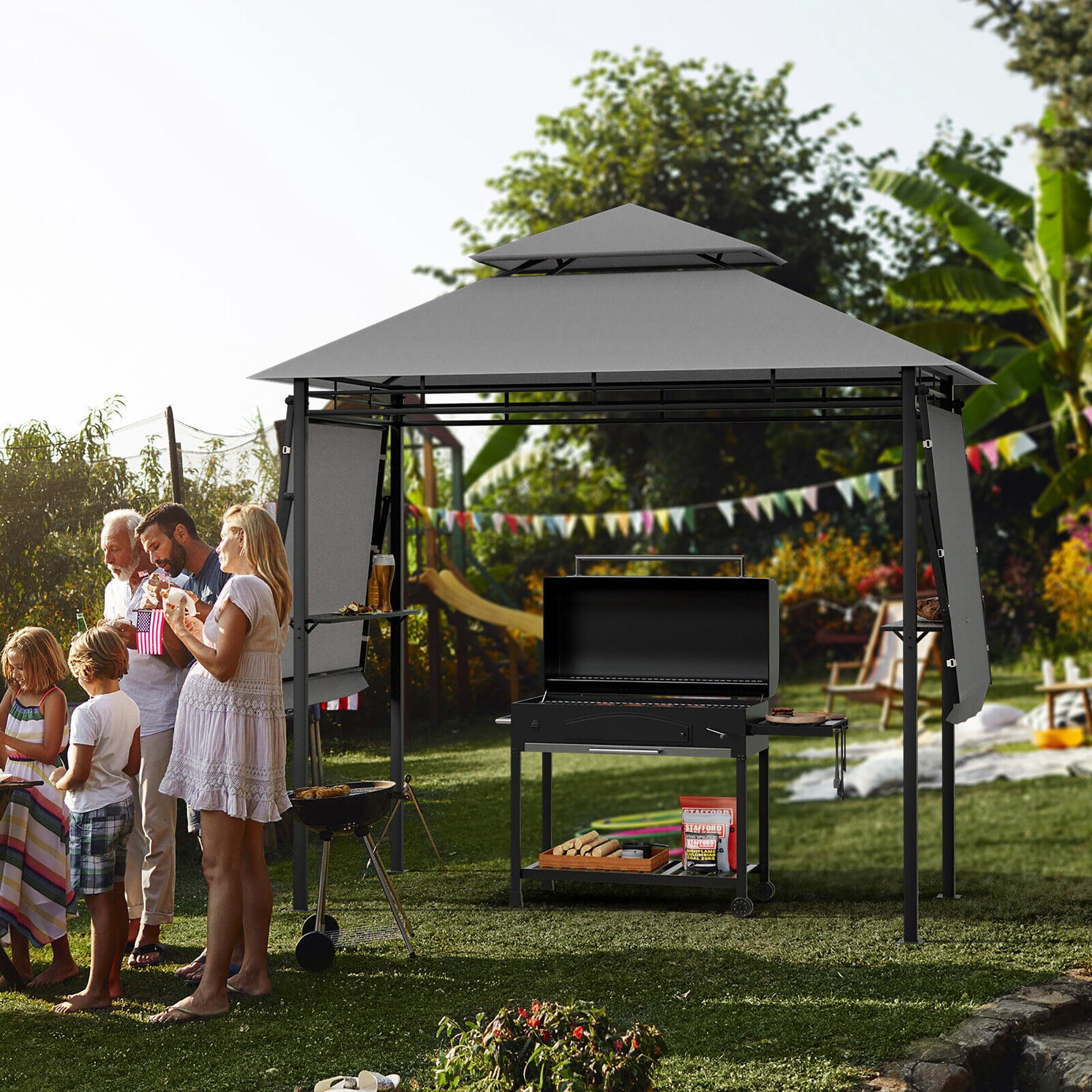 Gymax 13.5' x 4' Patio BBQ Grill Gazebo Side Awnings Shelves 2-Tier Canopy Outdoor