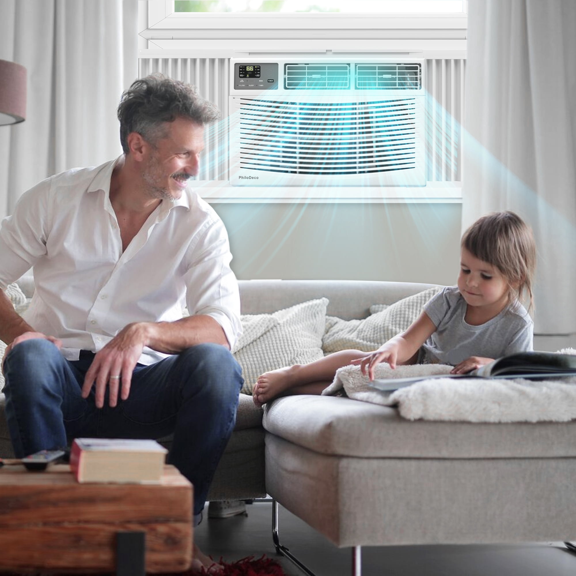 PhiloDeco 8000 BTU Window Air Conditioner, Cools up to 350 Sq. ft, 3 Fan Speeds and 4 Modes, Intelligent, LED Display Screen, with Remote Control