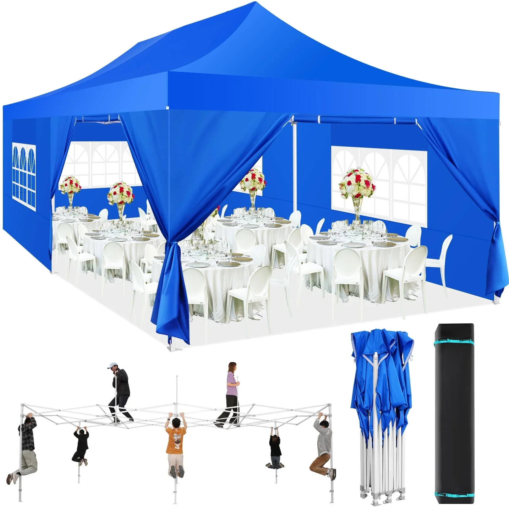 COBIZI 10x20 Heavy Duty Pop up Canopy Tent with 6 sidewalls Easy Up Commercial Outdoor Canopy Wedding Party Tent for Beach All Season Wind & Waterproof Gazebo with Roller Bag,Black(Frame Thickened)