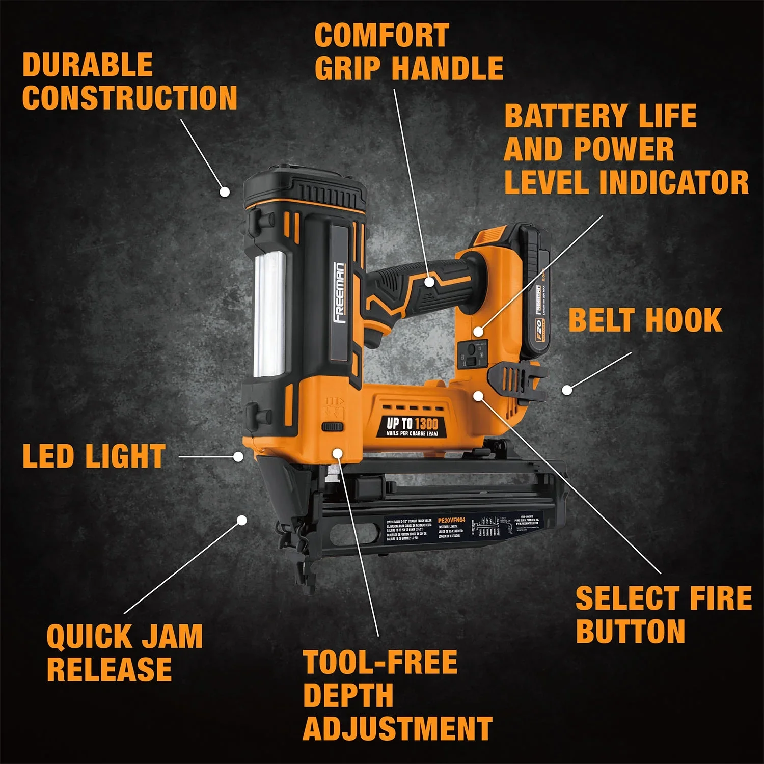 Freeman PE20VFN64 20 Volt Cordless 16-Gauge 2-1/2" Straight Finish Nailer Kit with Lithium Ion Battery, Charger, Bag, and Nails (200 Count) -C 1300 Shots per Charge