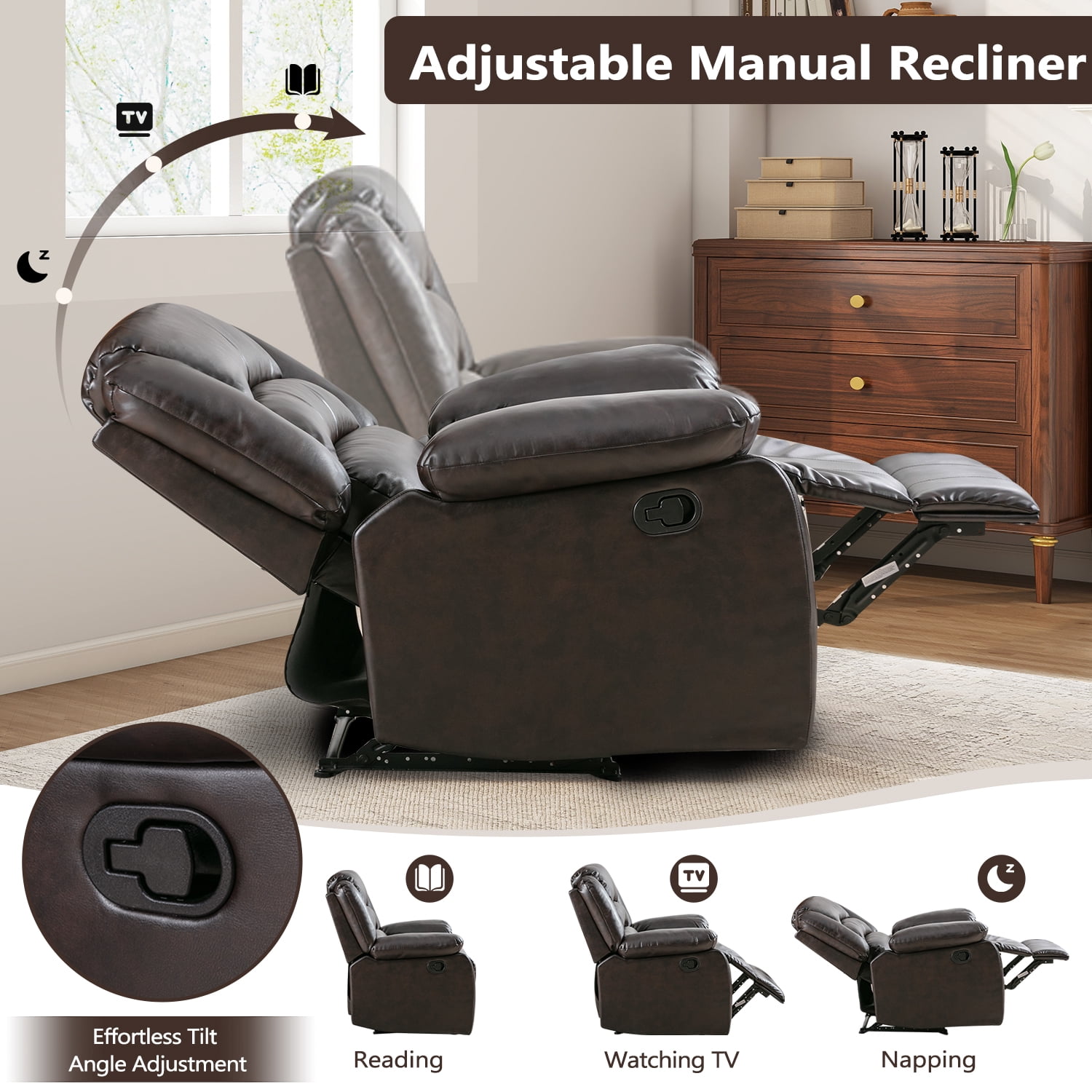 Bonzy Home Manual Recliner Chair, Breathable Faux Leather Reclining Chairs with Overstuffed Arm and Back, Living Room Single Sofa Recliners,Dark