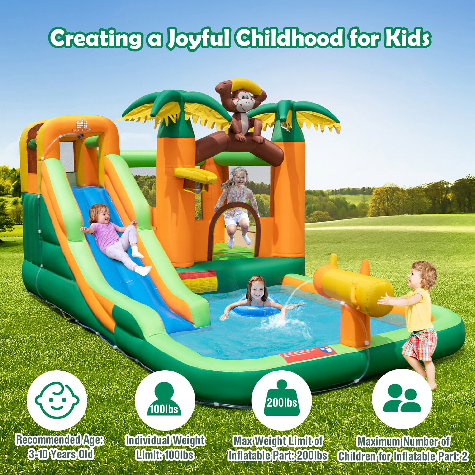Gymax Inflatable Water Slide Park Monkey Bounce House Splash Pool without Blower