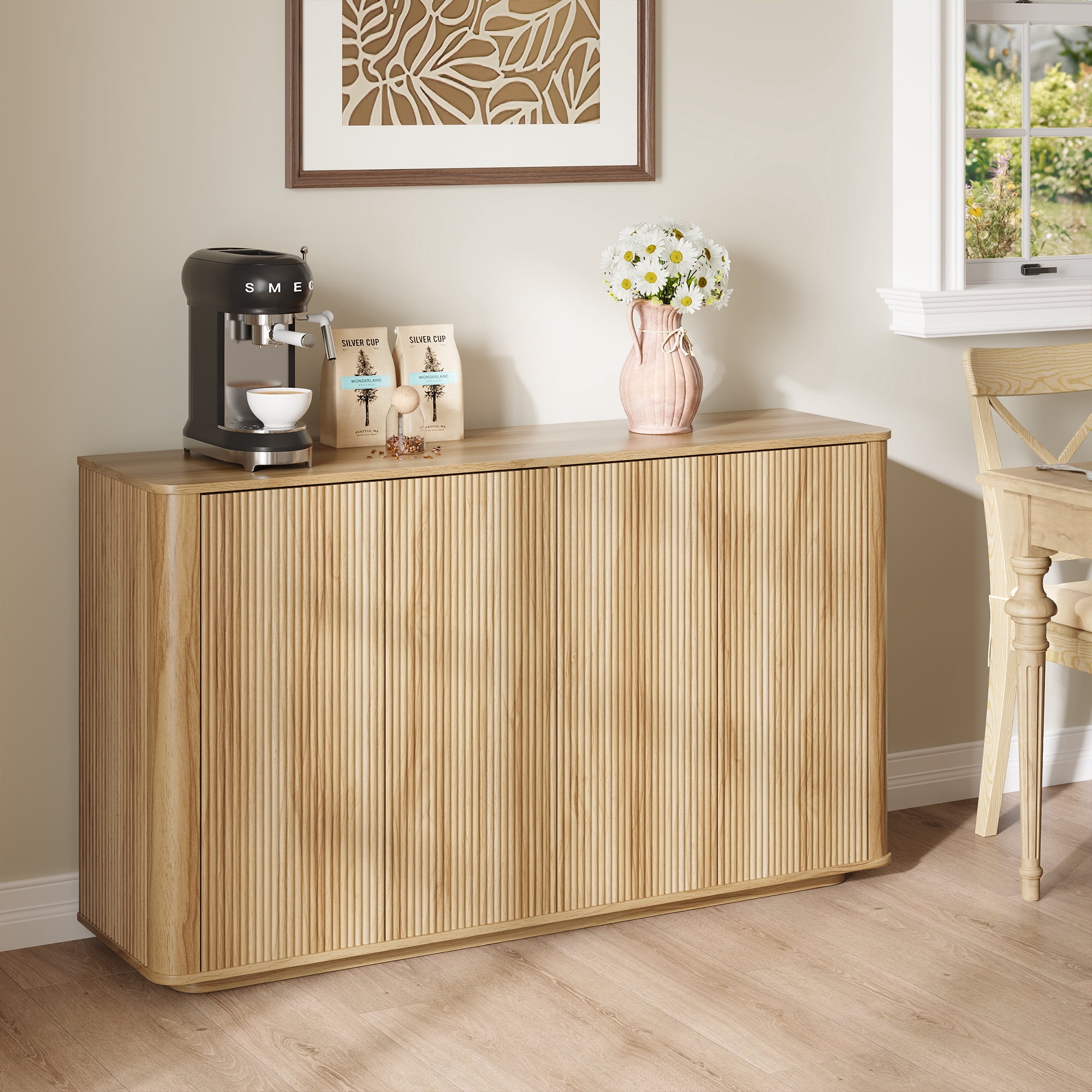 MARNUR Sideboard Buffet Cabinet, Storage Cabinet 55"W with Adjustable Shelves, Anti-Tip, Easy Clean Top, Stylish Wave Style, Oak