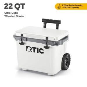 RTIC 22 QT Ultra-Light Wheeled Hard-Sided Ice Chest Cooler, Fits 28 Cans, 6 Wine Bottles, White & Grey