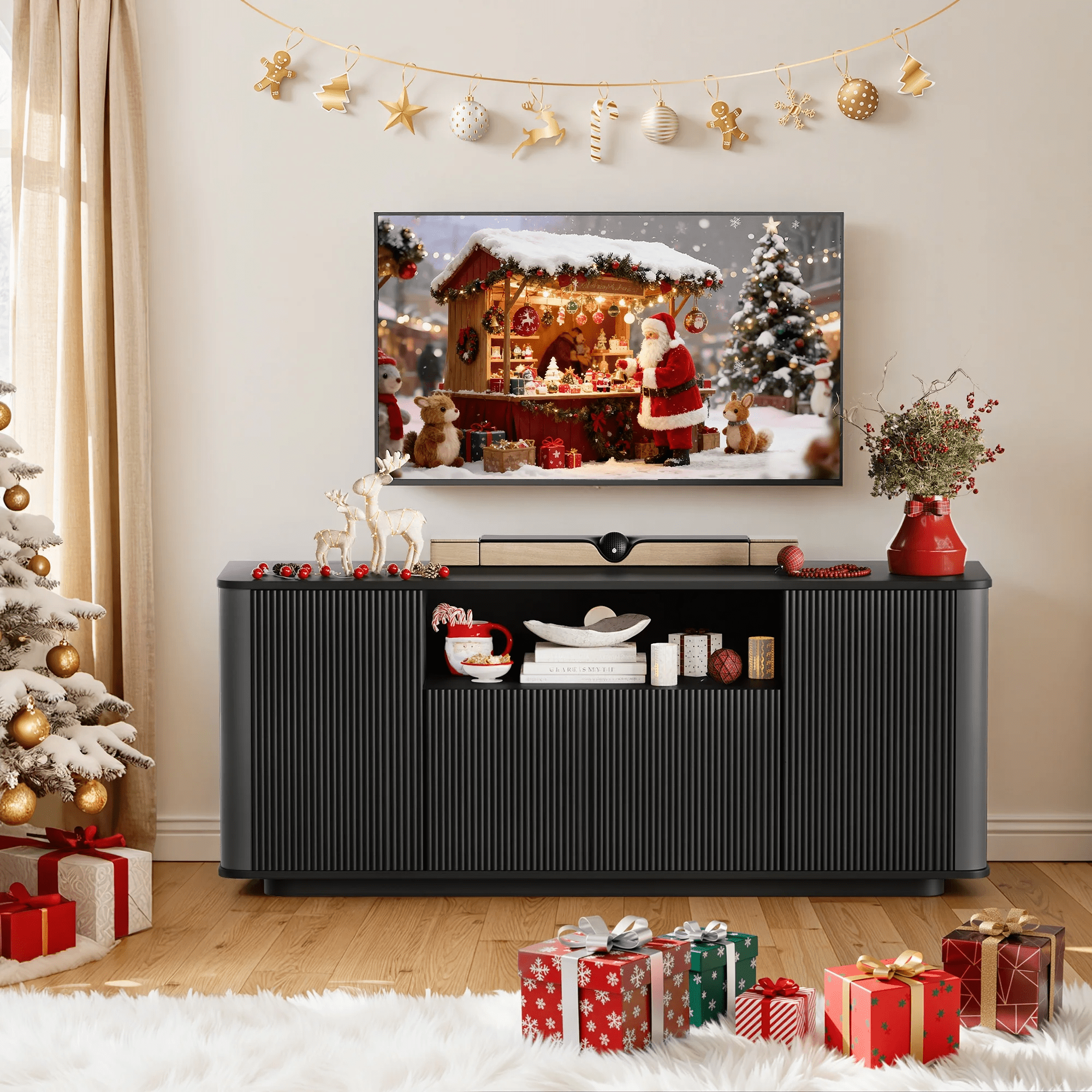 MARNUR Fluted TV Stand for TVs up to 65", 55" Modern Media Console with 3-Sided Fluted Design, Push-to-Open Doors for Living Room