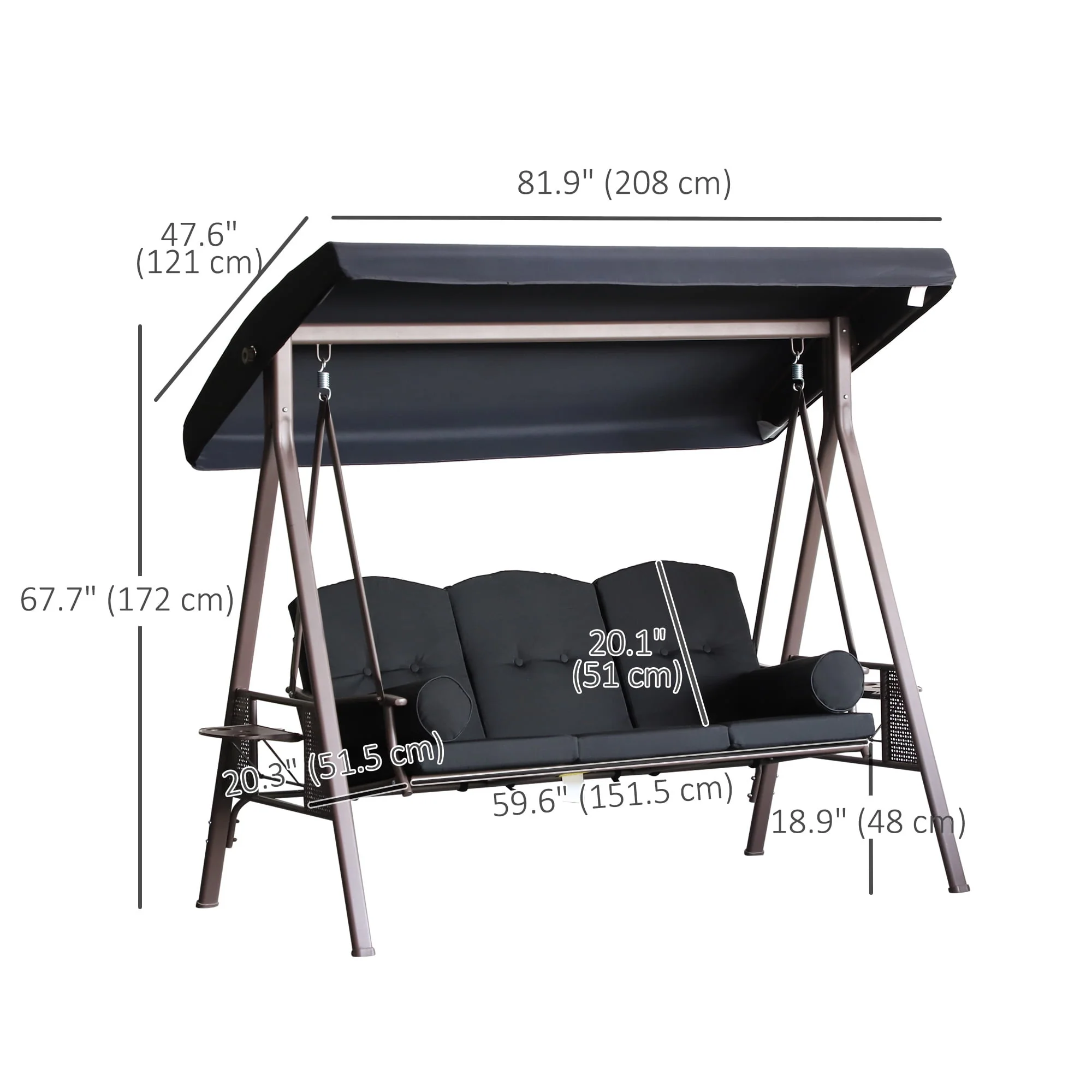 Outsunny 3 Seater Porch Swing Heavy Duty Outdoor Swing Chair, Black