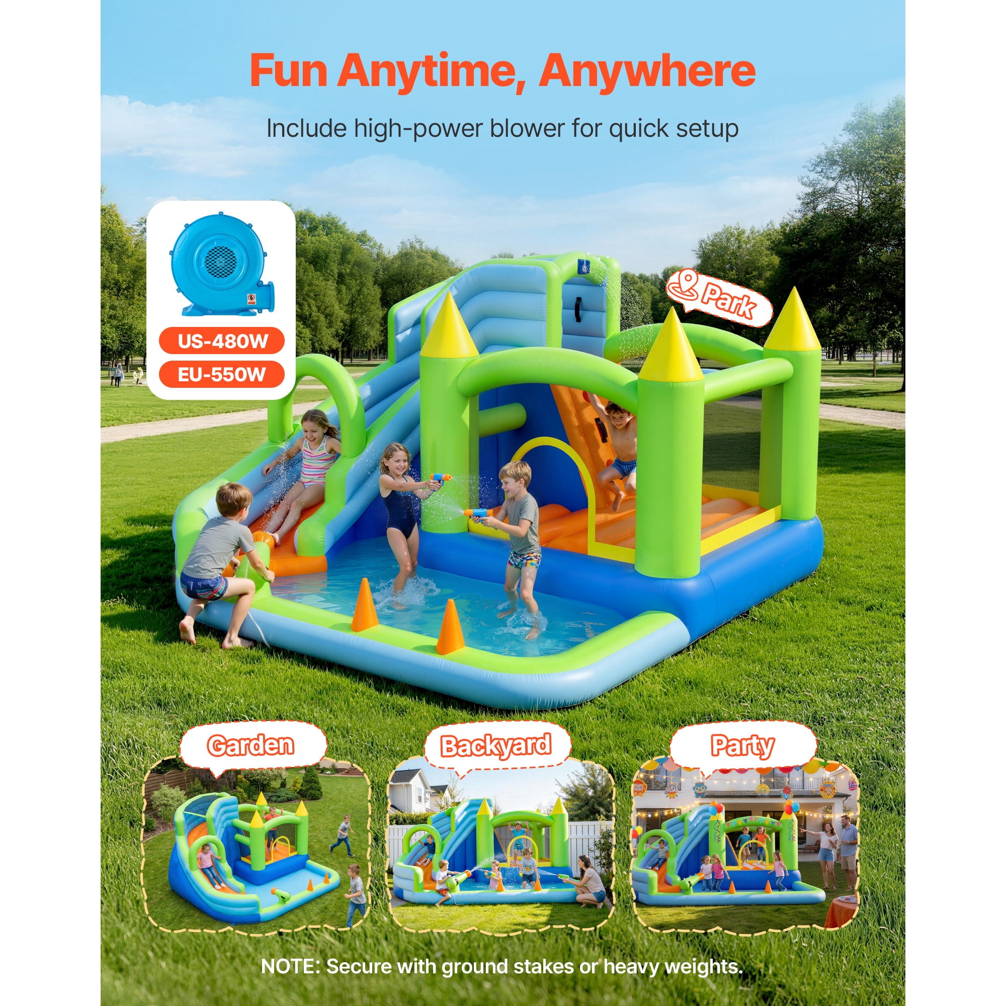KFFKFF Inflatable Bounce House, 11.3 x 12.3 x 7.0 ft Inflatable Bounce House Water Slide, Bouncer Castle with Castle Bounces, Basketball Hoop, Splash Pool & Water Ring Toss, for 3 to 4 Ages 3 to 8
