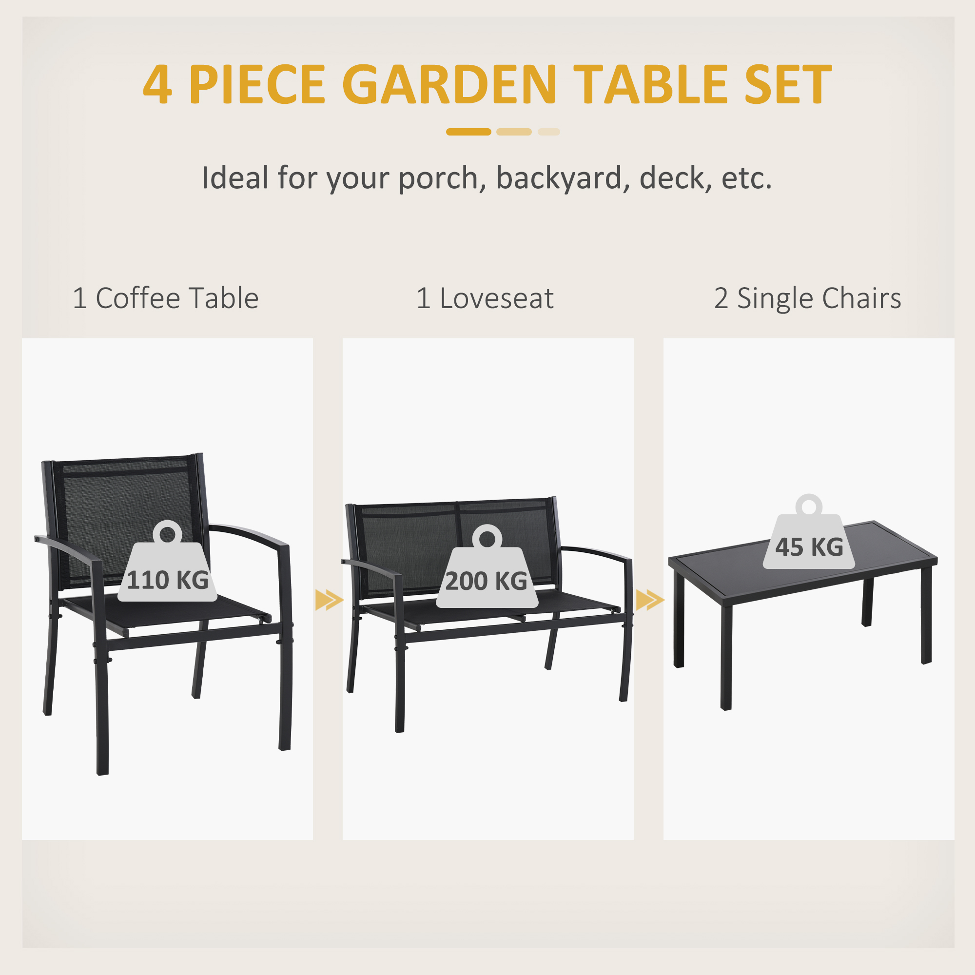 Outsunny 4 Piece Patio Furniture Set, Metal Outdoor Furniture Set, Black