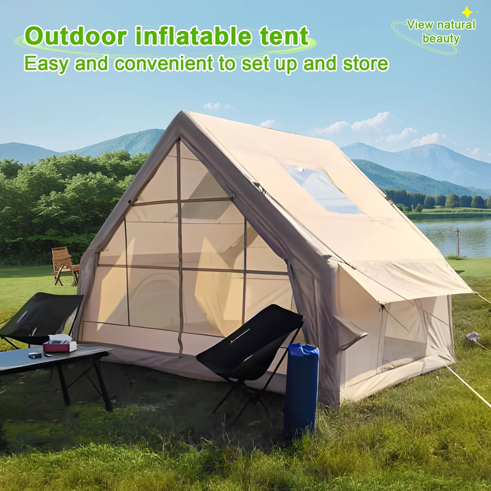 Wilitto Inflatable Tent for Camping, 1-6 Person Blow-up Air Tent, Easy Setup Waterproof Windproof Cabin Tent, 4 Seasons Family Glamping Tent House _Beige
