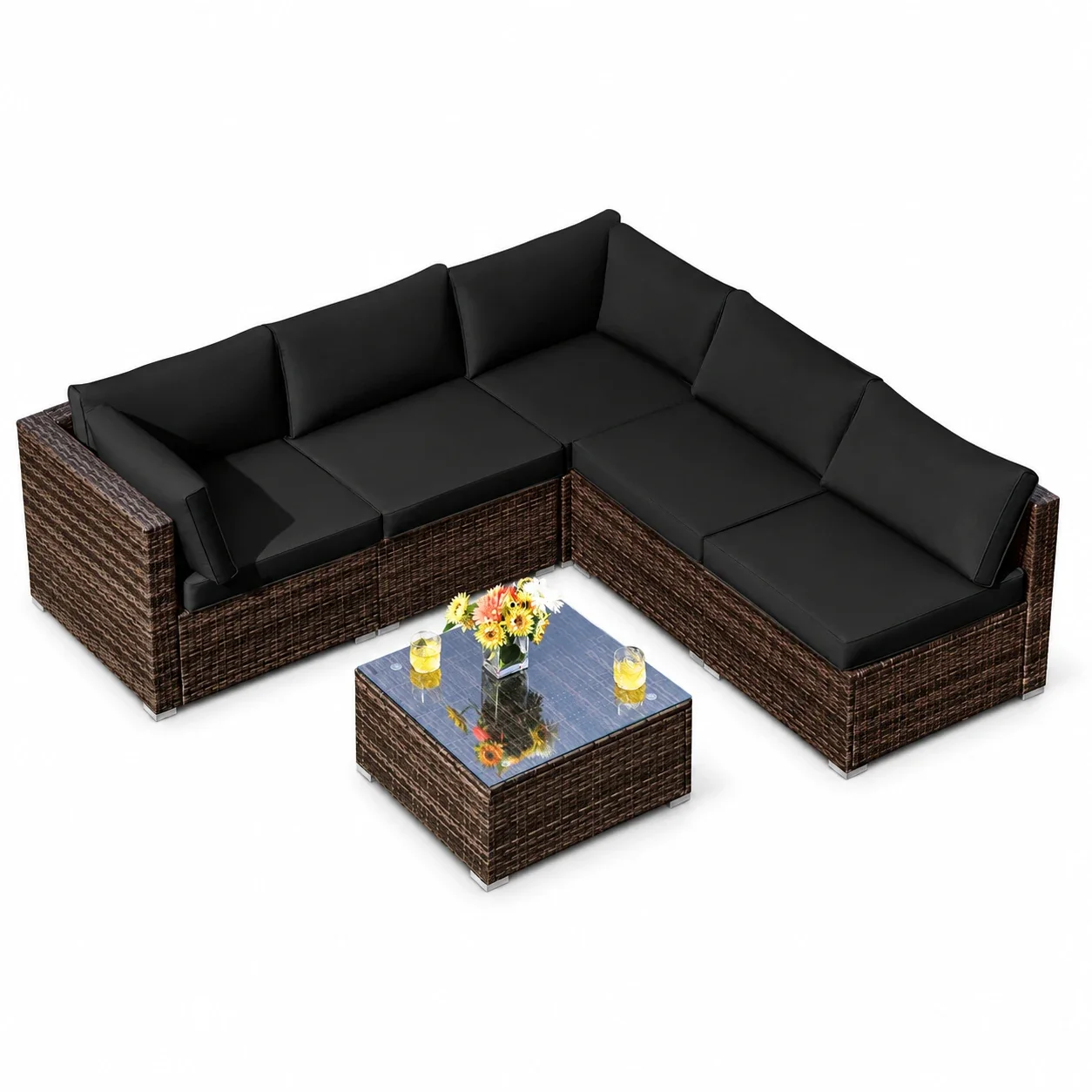 Costway 6PCS Patio Rattan Furniture Set Cushioned Sofa Coffee Table Black