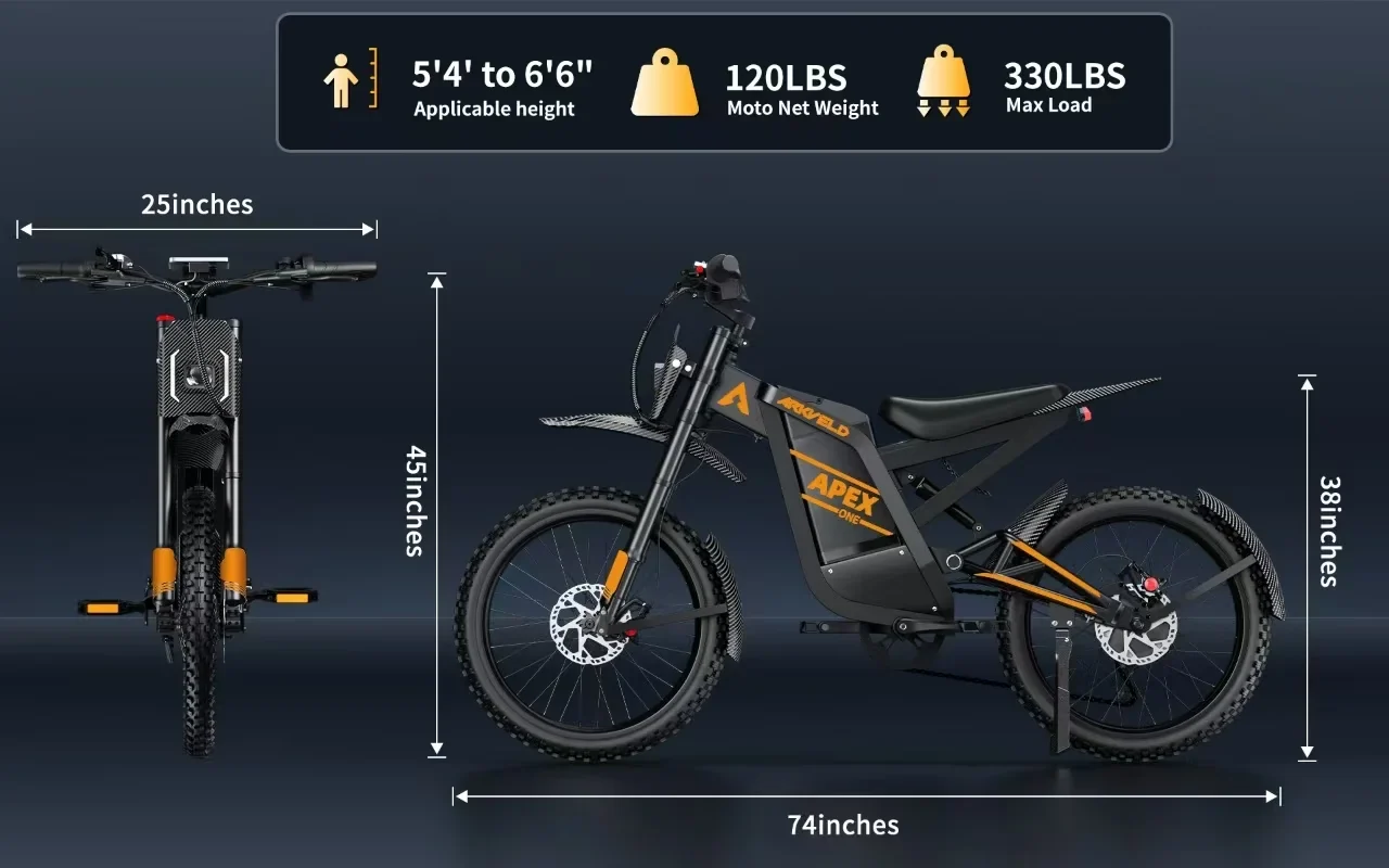 Arkveld Electric Bike for Adults, Peak-3000W, Max 40MPH and 80Miles Electric Motorcycle,25" Fat Tire Dirt Bike, APEX1 7-Speed E-Bike-White