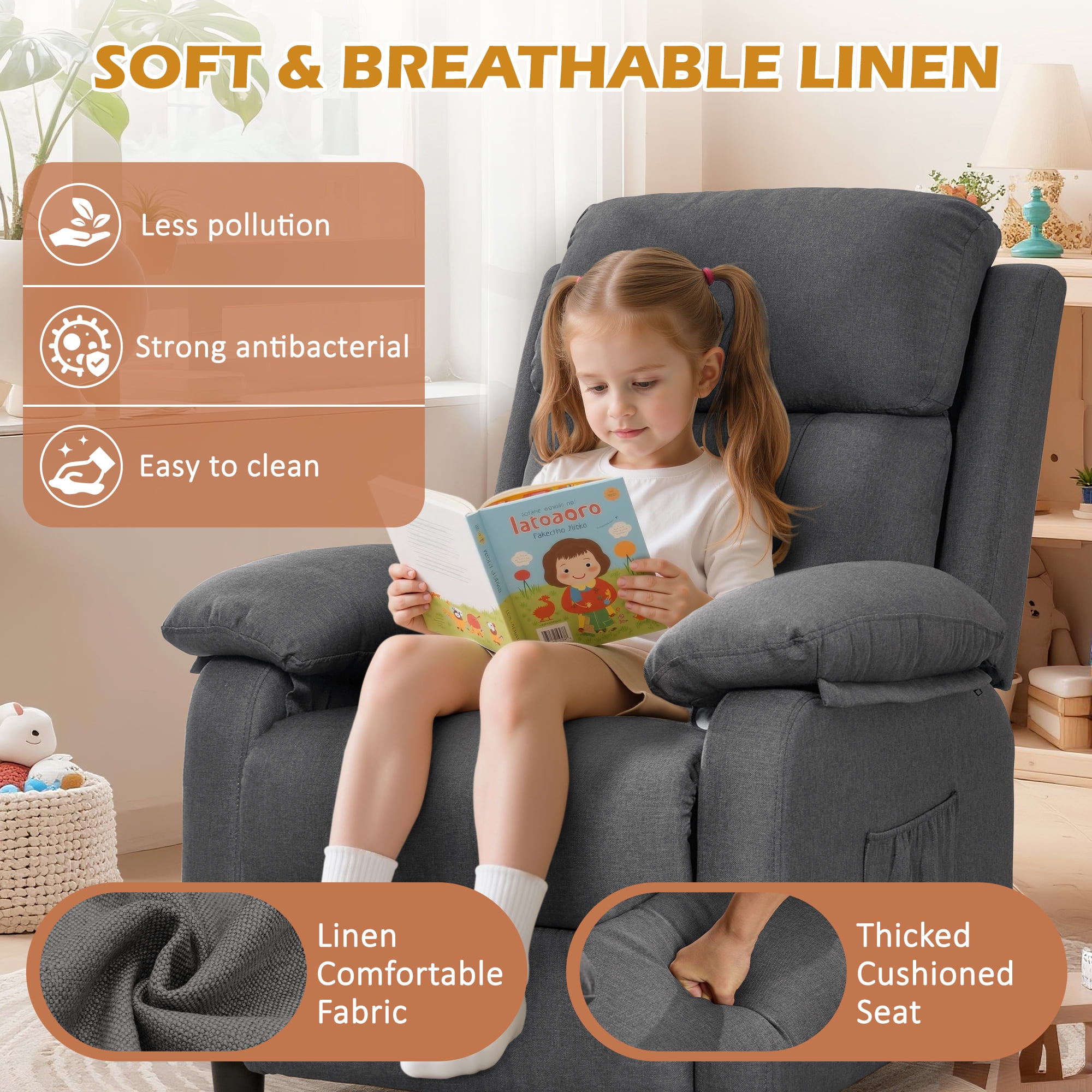 Korser Manual Push Back Recliner Chair with Side Pockets,Recliner Chairs for Adults for Living Room,Small Recliners for Small Spaces,Linen