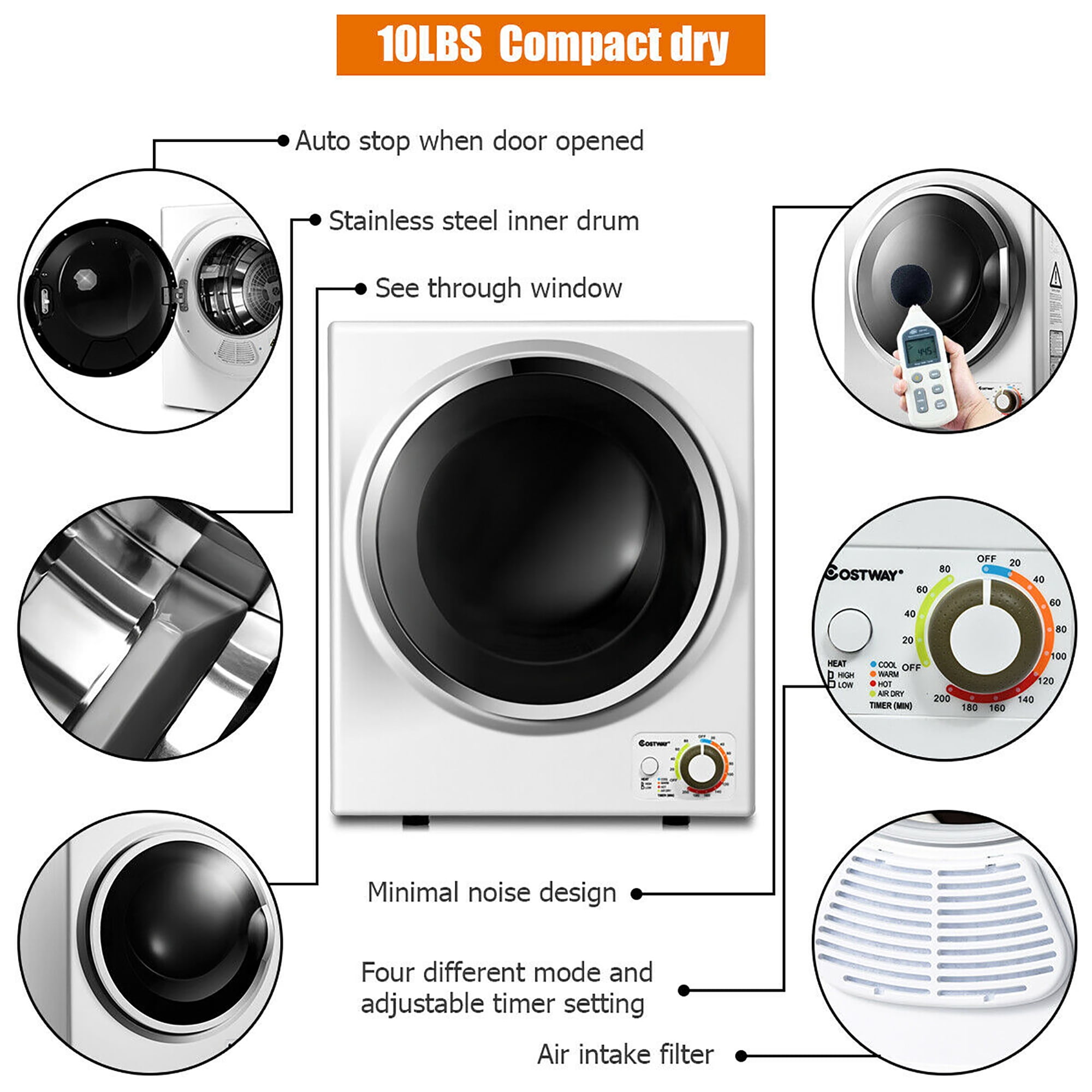 Costway Electric Tumble Compact Cloth Dryer Stainless Steel Wall Mounted 1.5 cu .ft
