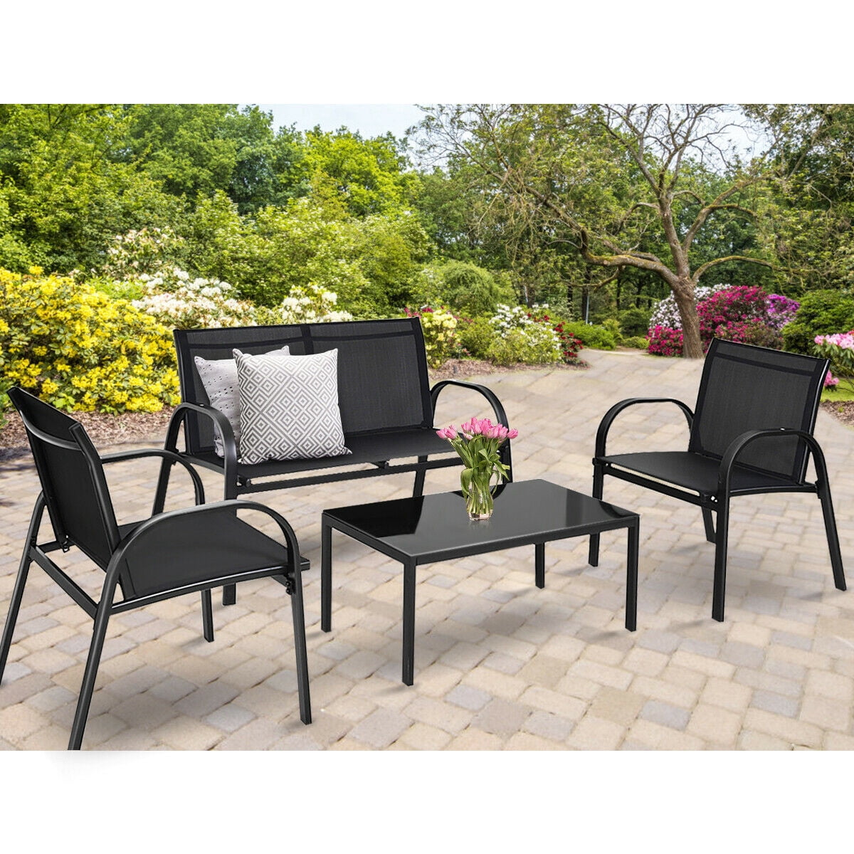Costway 4pcs Patio Furniture Set Sofa Coffee Table Steel Frame Garden Deck Black
