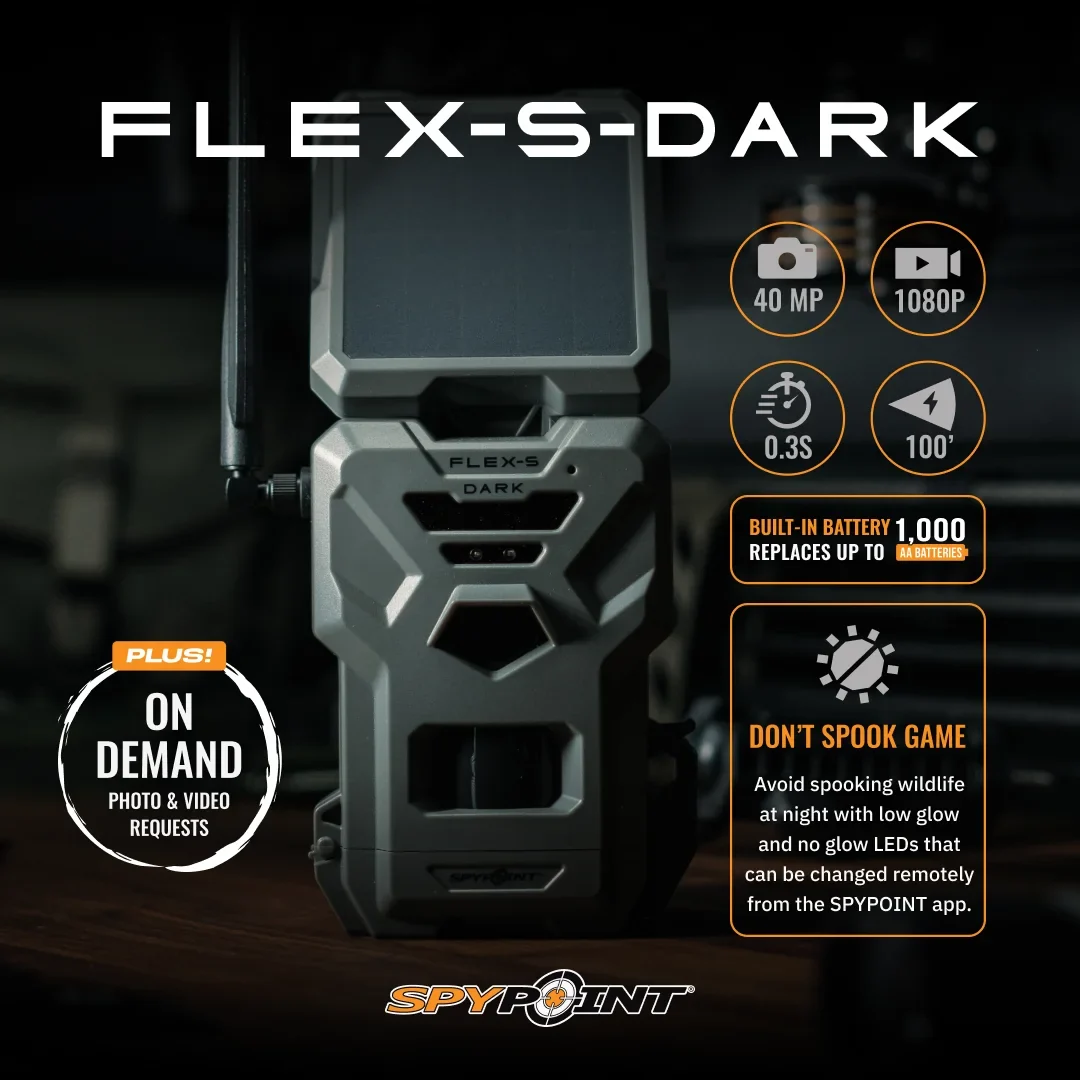 SPYPOINT Flex - S Dark Solar Outdoor Cellular Trail Camera - Integrated Solar Panel, No WiFi Needed, Night Vision