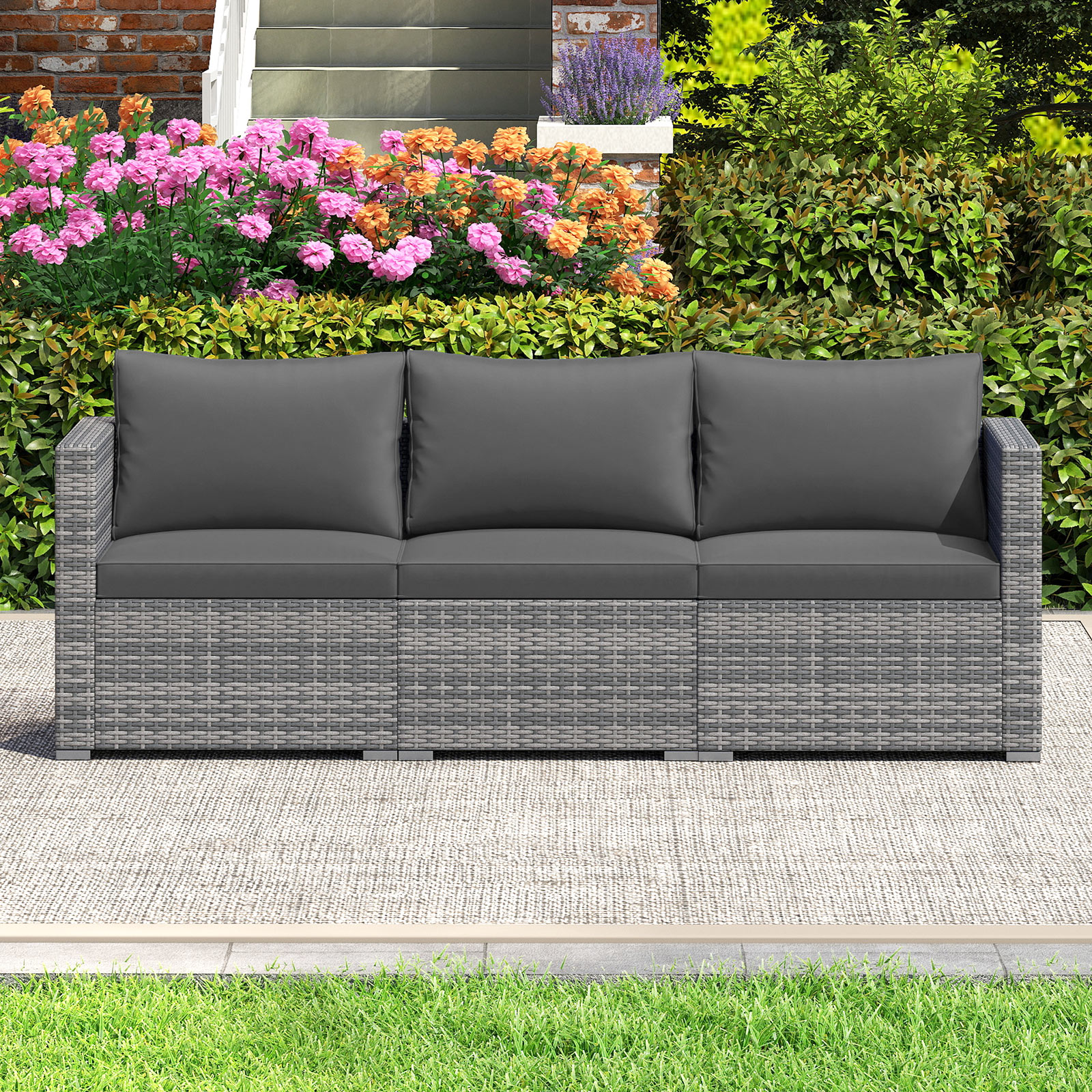 Gymax Set of 3 Patio Sectional Sofa Set PE Rattan Modular Couch Furniture Set w/Cushions