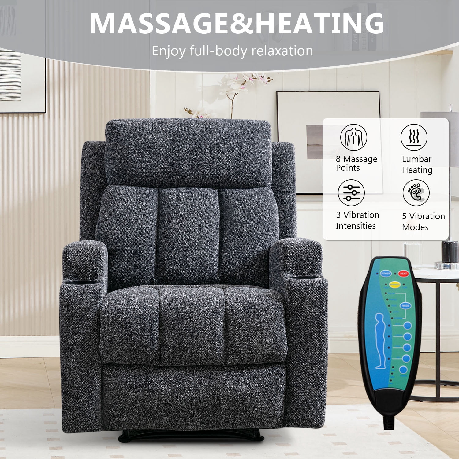 Bonzy Home Recliner Chair with Massage and Heat, Manual Fabric Reclining Chair with Cup Holders & Side Pockets for Living Room, Bedroom