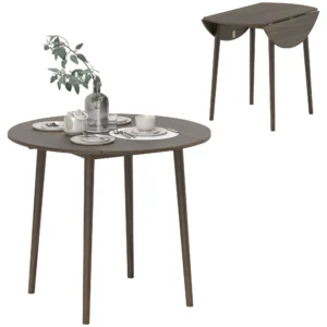 HOMCOM Foldable Dining Table, Round Drop Leaf Table with Wood Legs