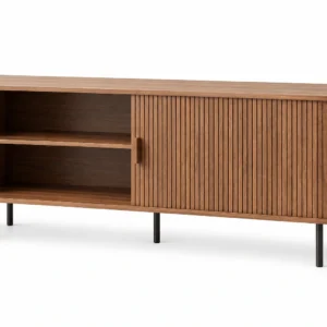 MARNUR 63" TV Stand for 70" TV, Wood Entertainment Center with Storage and Shelves, 2 Sliding Tambour Doors, Mid-Century Modern, Walnut
