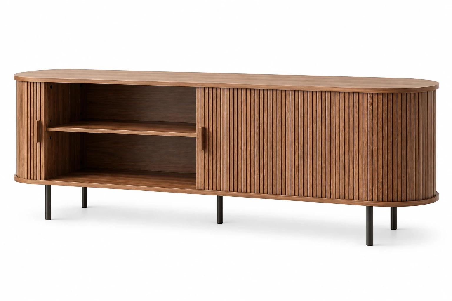 MARNUR 63" TV Stand for 70" TV, Wood Entertainment Center with Storage and Shelves, 2 Sliding Tambour Doors, Mid-Century Modern, Walnut