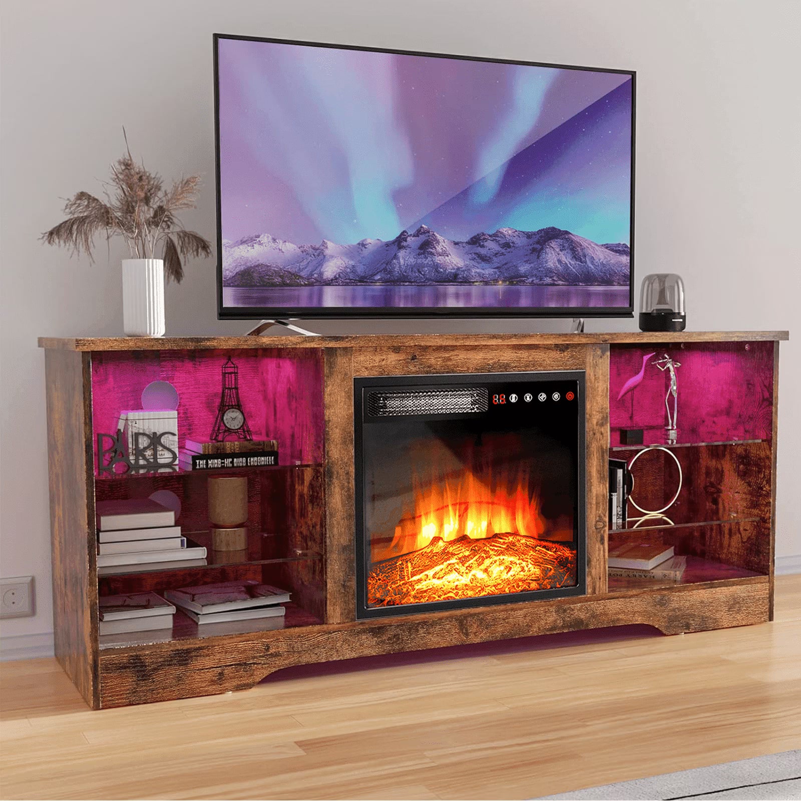 Waleaf Fireplace TV Stand with 18'' Fireplace for TVs up to 65 inch, Two Adjustable Glass Shelves
