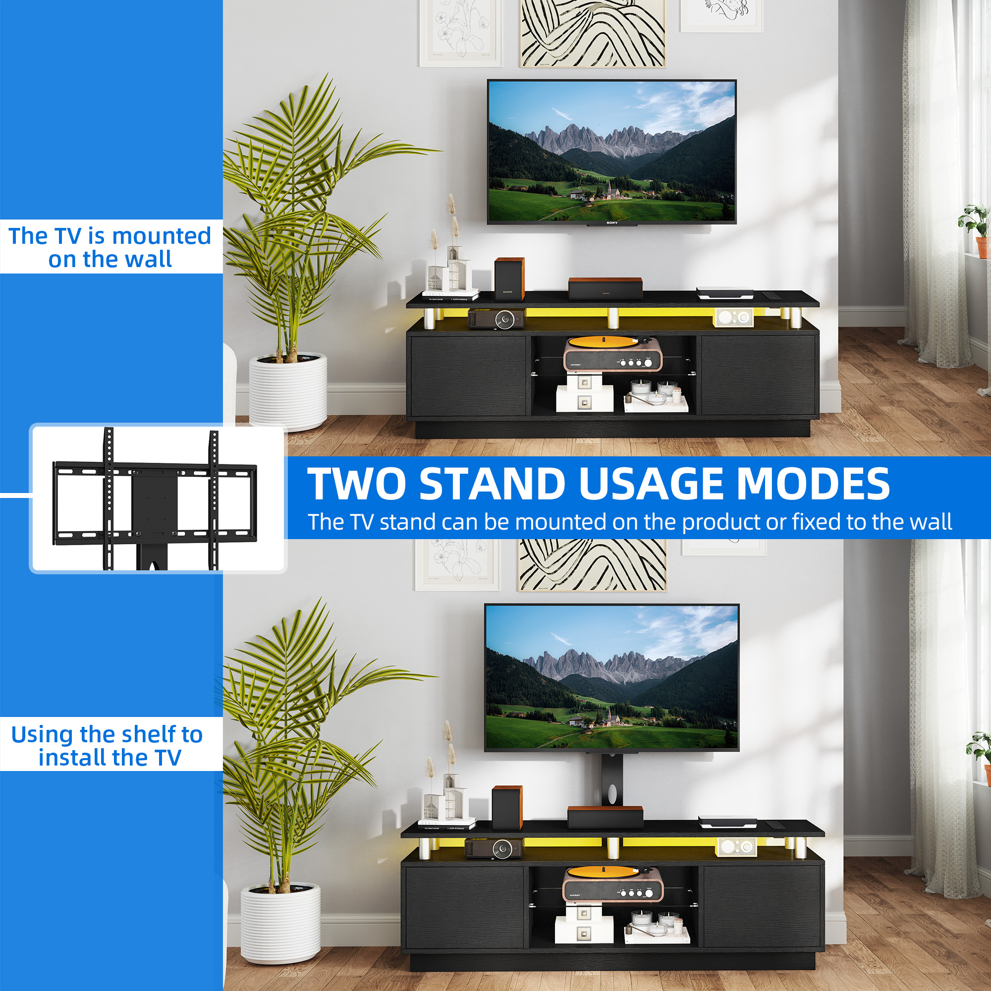 DEXTRUS 70" TV Stand with Adjustable Glass Shelf and Mount for TVs Up to 75", LED Entertainment Center with Power Outlet, Storage, Black