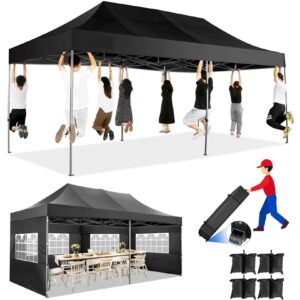 COBIZI 10x20 Heavy Duty Pop up Canopy Tent with 6 sidewalls Easy Up Commercial Outdoor Canopy Wedding Party Tent for Beach All Season Wind & Waterproof Gazebo with Roller Bag,Black(Frame Thickened)