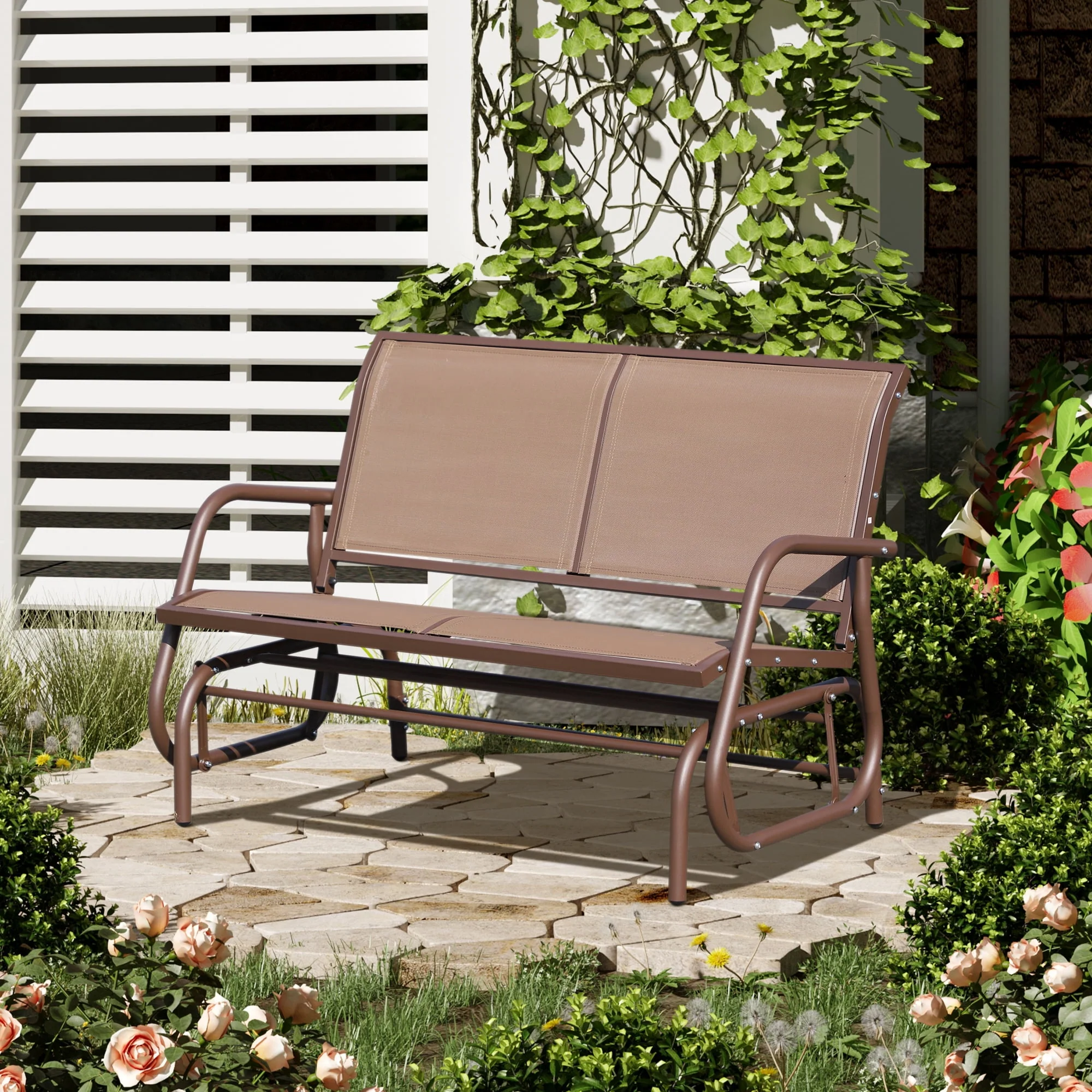 Outsunny Patio Double Glider Outdoor Steel Sling Fabric Gliding Bench Garden Swing Chair Heavy-Duty Porch Rocker Garden Loveseat Coffee Brown