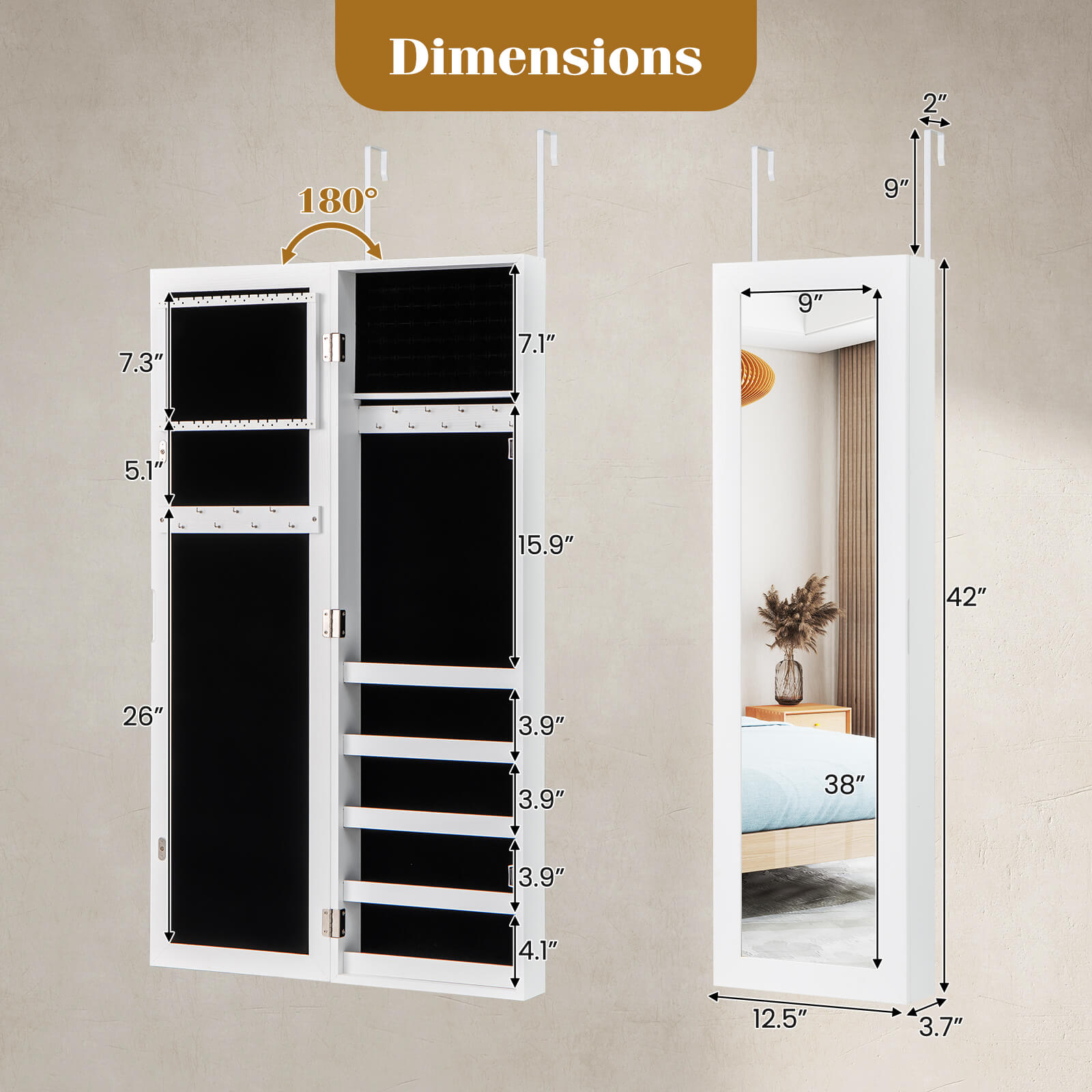 Costway Door Mounted Mirrored Jewelry Cabinet Armoire Storage Organizer