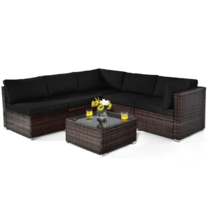 Patiojoy 6PCS Wicker Patio Sectional Conversation Furniture Set with Coffee Table & Seat Cushions
