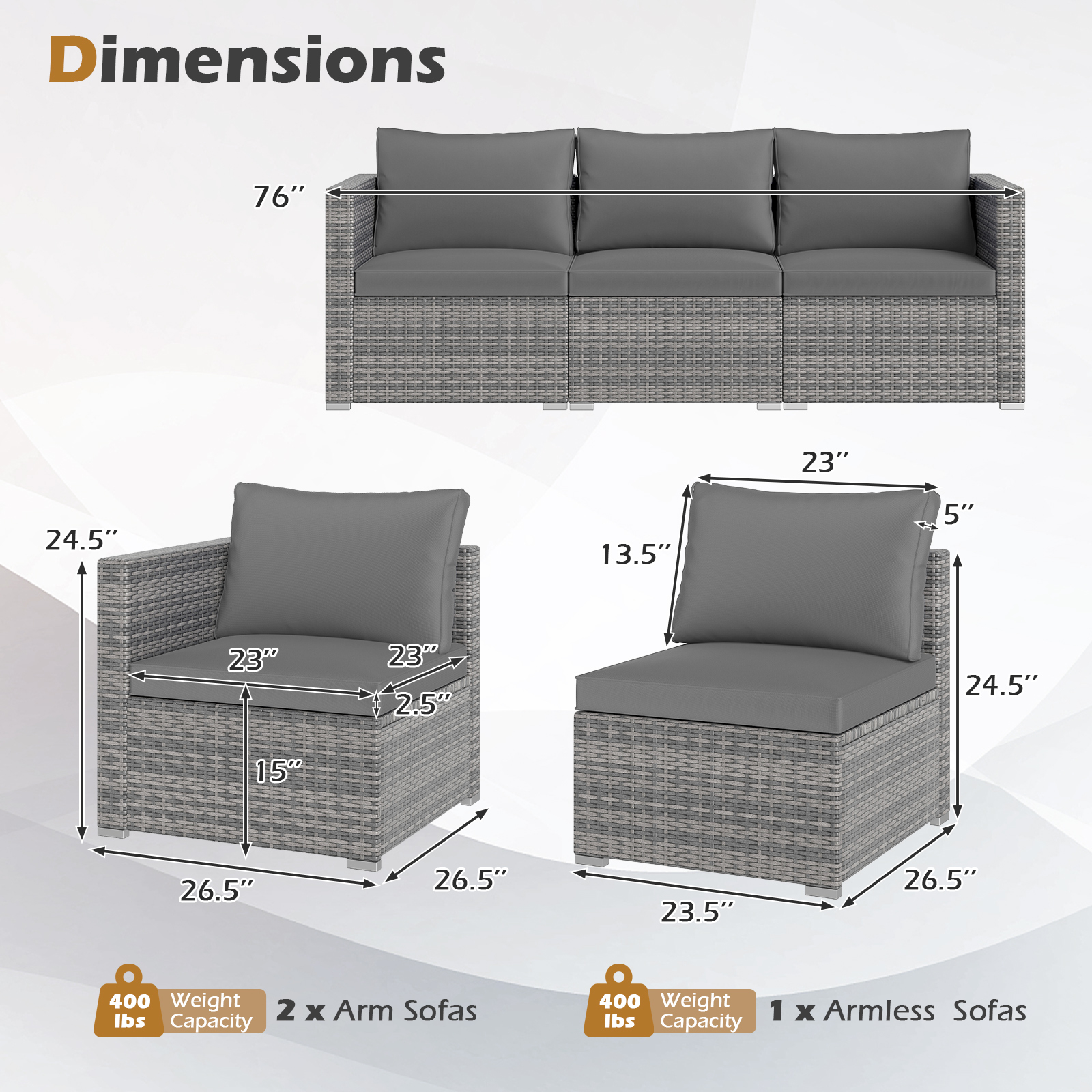 Gymax Set of 3 Patio Sectional Sofa Set PE Rattan Modular Couch Furniture Set w/Cushions