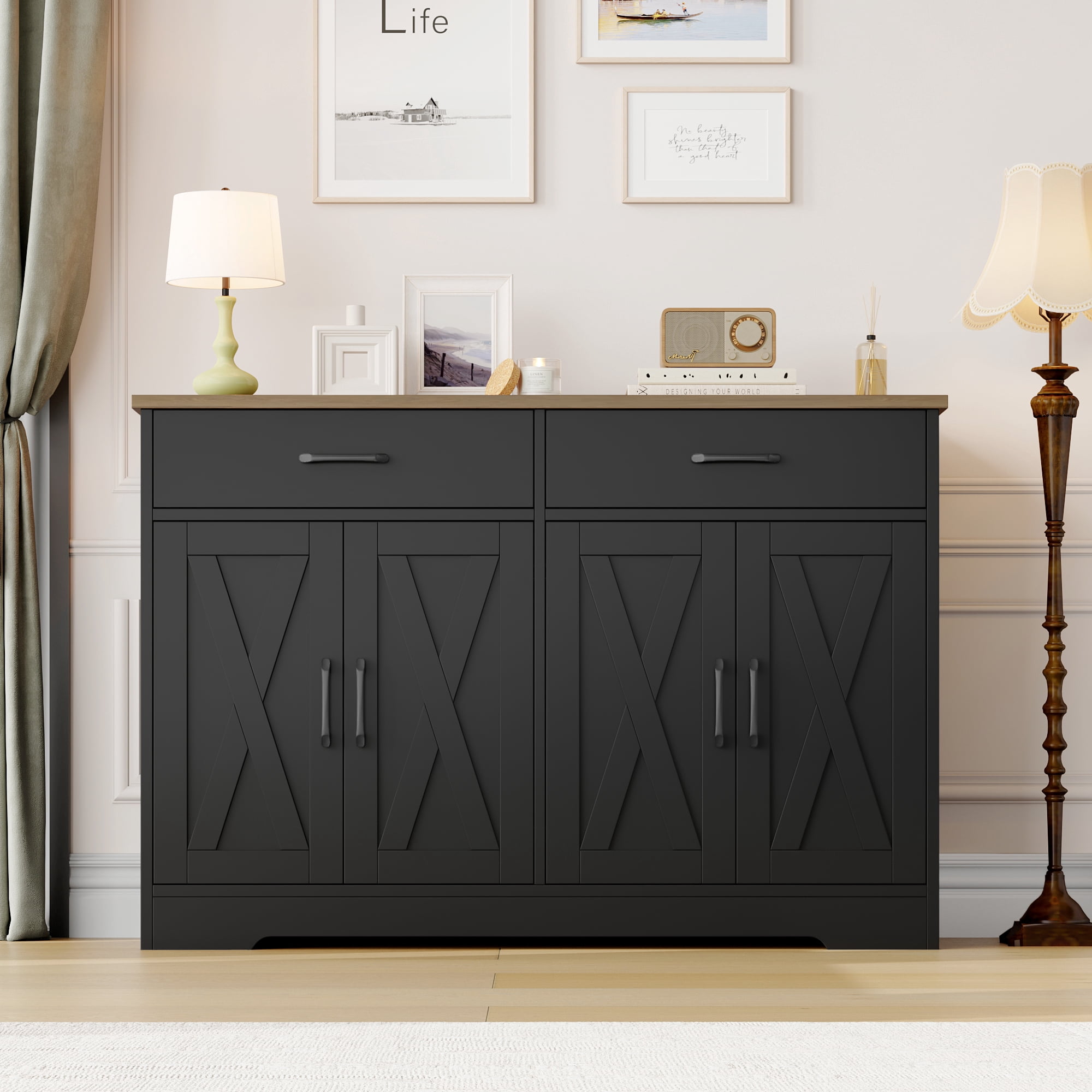 Hiphuta 47"Farmhouse Sideboard Storage Cabinets with 4 Doors & 2 Drawers, Coffee Bar with Brown Top for Living Room