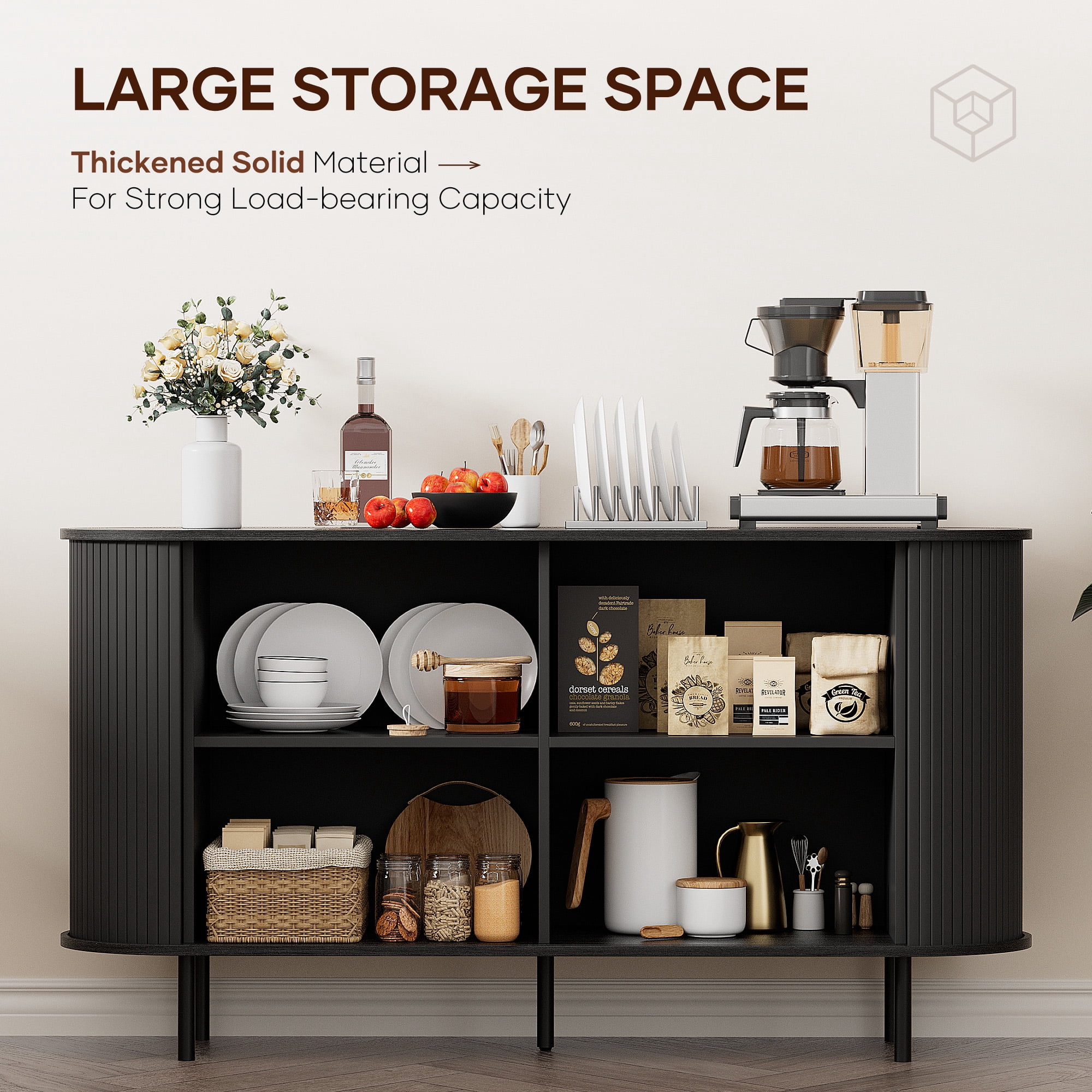 MARNUR Sideboard Buffet Cabinet 55" Storage Cabinet with 2 Sliding Tambour Doors, Adjustable Shelves for Kitchen Office Bedroom Hallway Entryway