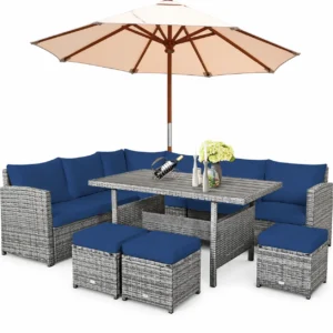 Costway 7 PCS Patio Rattan Dining Set Sectional Sofa Couch Ottoman Navy