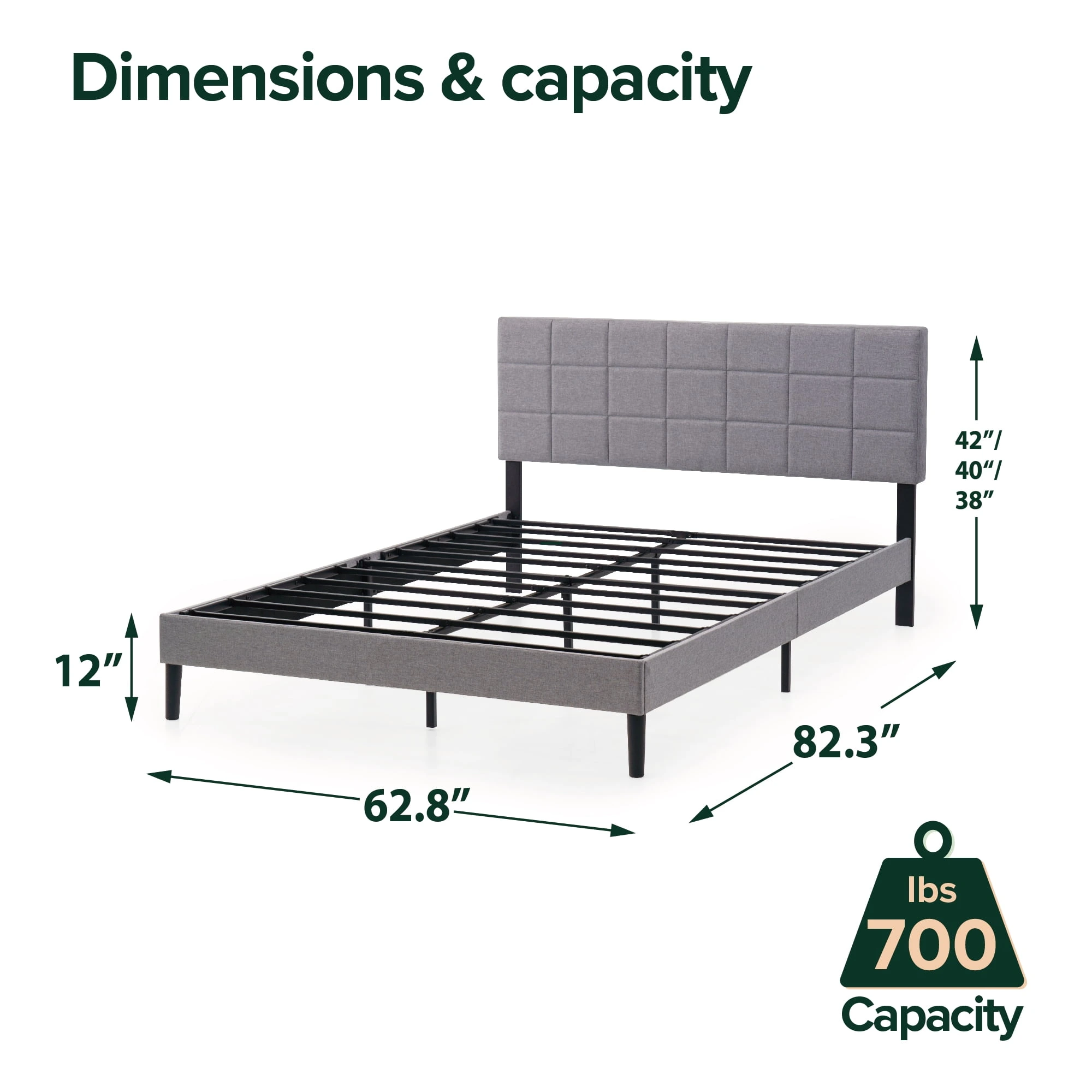 Mainstays Upholstered Platform Bed Frame with Square Stitch Height Adjustable Headboard, Grey