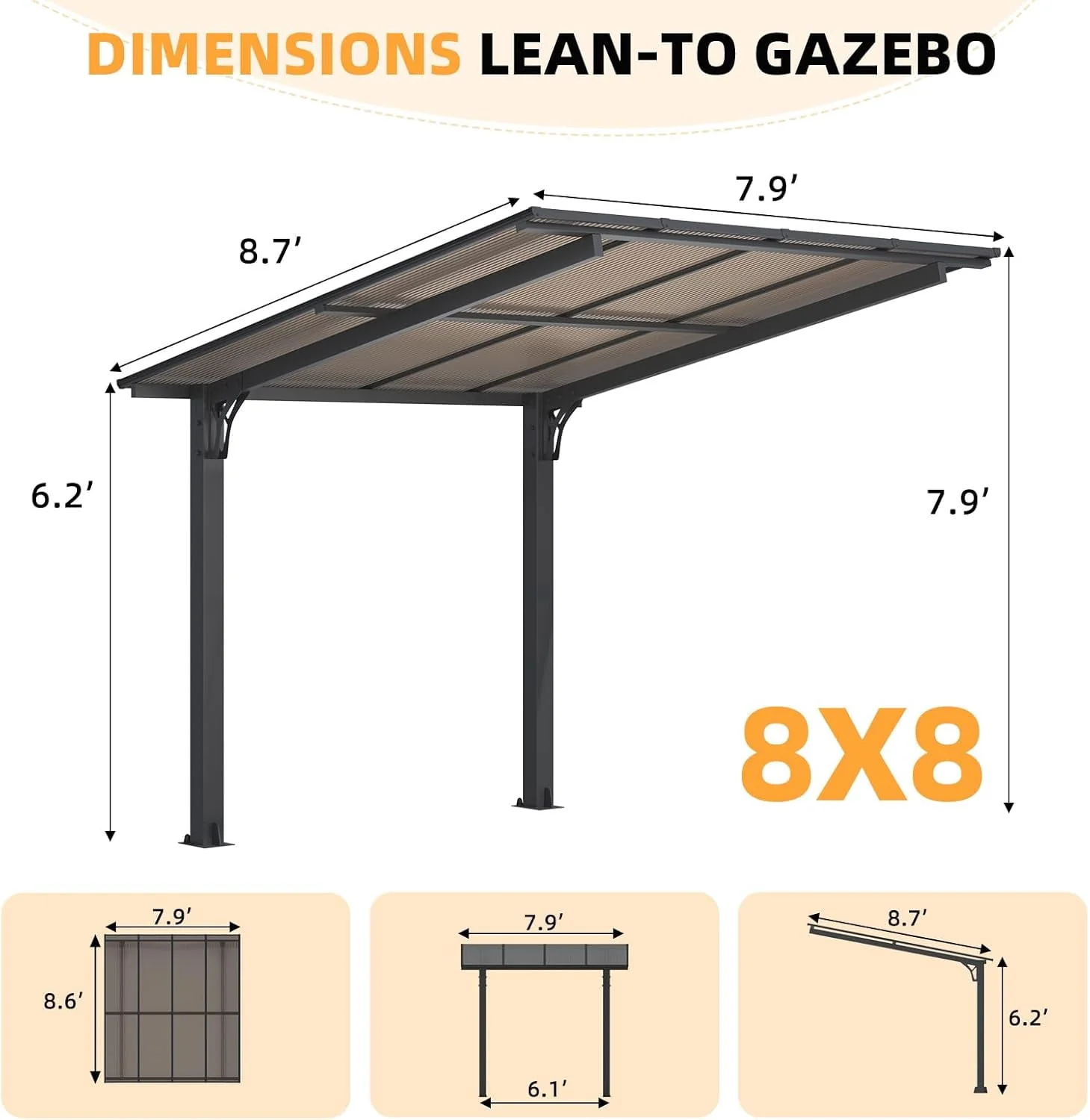 AECOJOY 8'x8' Gazebo, Outdoor Wall Mounted Hardtop Gazebo & Pergola with Aluminum Frame for Patio, Porch and Backyard in Black