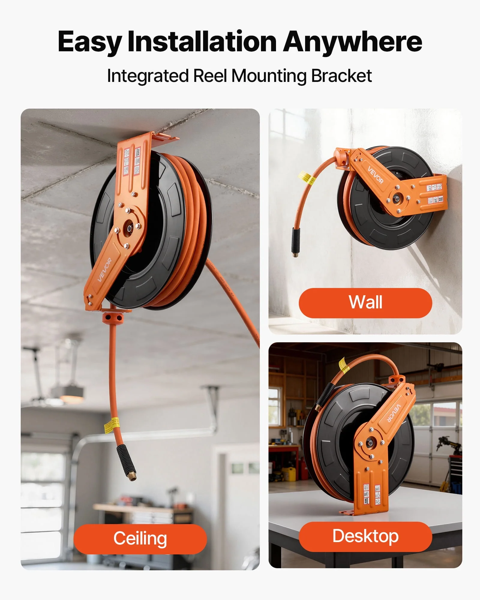 VEVOR Retractable Air Hose Reel, 1/2 Inch x 65 FT Rubber Air Hose Max 300PSI, Auto Rewind Air-Compressor Hoses Reel