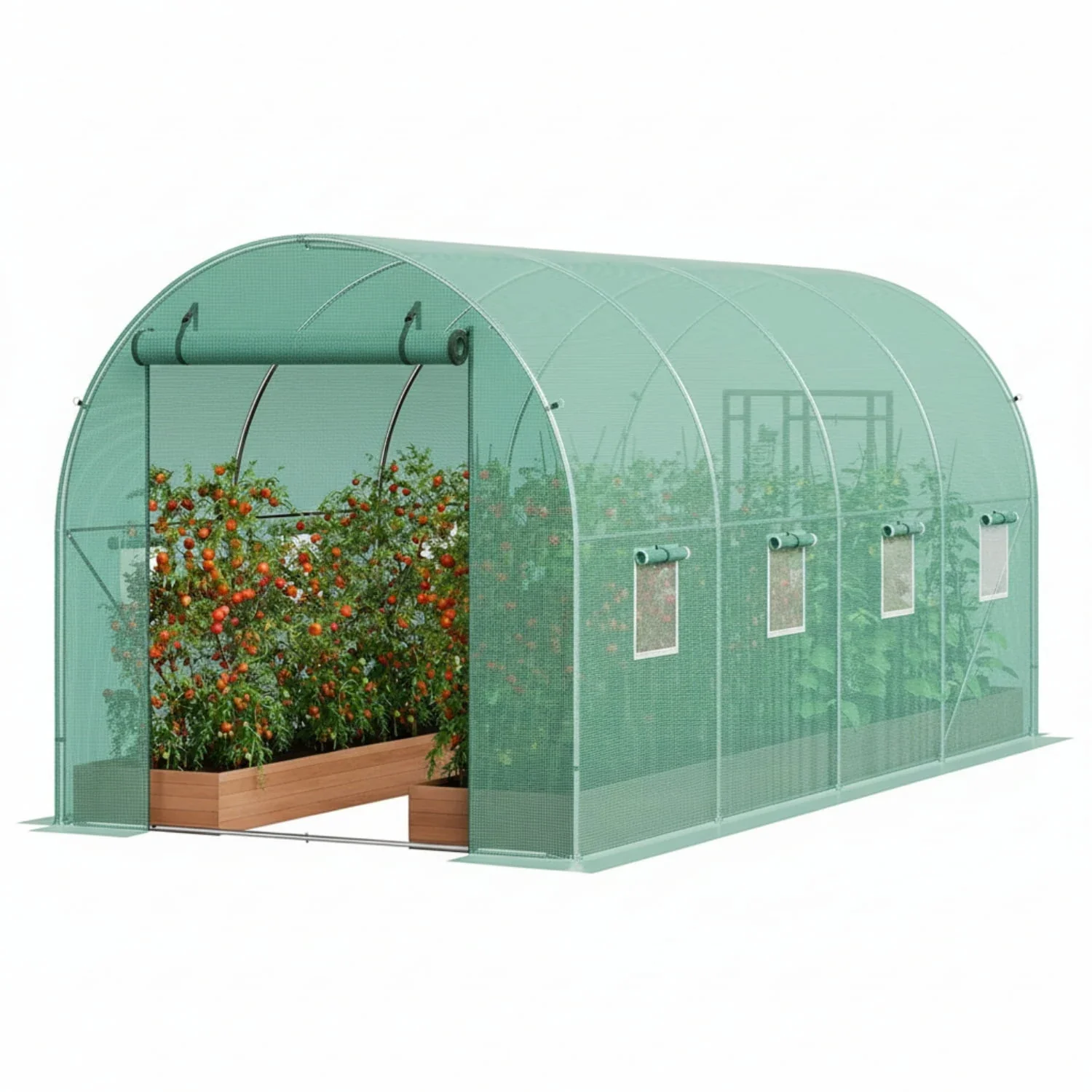 Garvee Tunnel Walk-In Greenhouse, 15 x 6.5 x 6.5 ft, Galvanized Steel Frame, 8 Vents & Roll-up Door