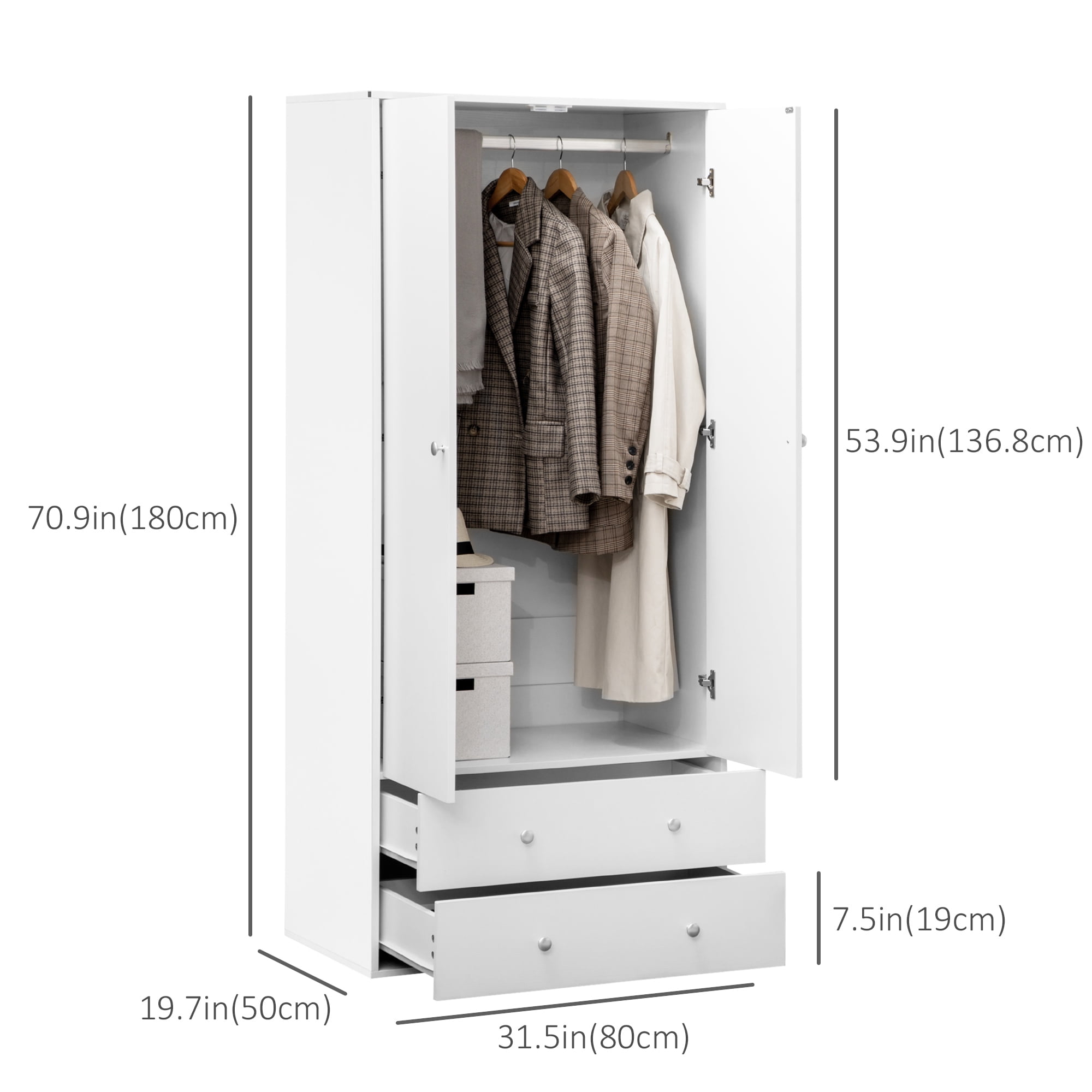 HOMCOM Wardrobe Closet, Armoire with Drawers and Hanging Rail for Bedroom