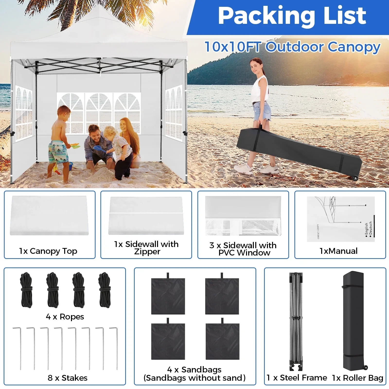 SANOPY 10'x20' Pop Up Canopy Waterproof Folding Tent Outdoor Easy Set-up Instant Tent Heavy Duty Commercial Wedding Party Shelter with 6 Removable Sidewalls, 4 Sandbags, Roller Bag, Black