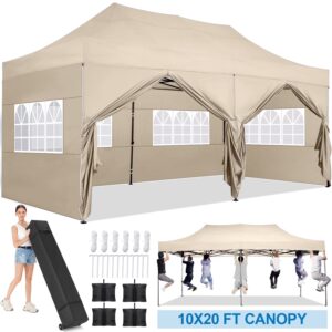 10'x20' Pop Up Canopy Waterproof Folding Tent Outdoor Easy Set-up Instant Tent Heavy Duty Commercial Wedding Party Shelter with 6 Removable Sidewalls, 4 Sandbags, Roller Bag, Khaki