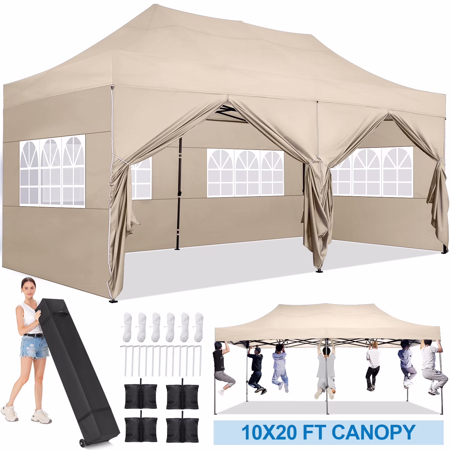 10'x20' Pop Up Canopy Waterproof Folding Tent Outdoor Easy Set-up Instant Tent Heavy Duty Commercial Wedding Party Shelter with 6 Removable Sidewalls, 4 Sandbags, Roller Bag, Khaki