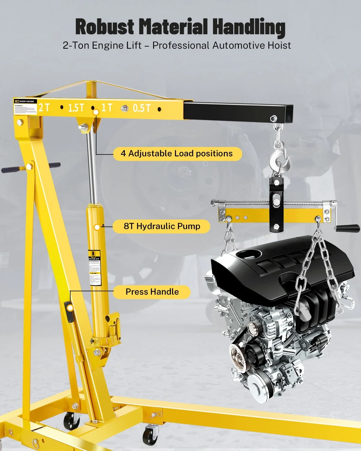 AKDSteel 2 Ton Hydraulic Engine Hoist Crane With Lever, Folding Cherry Picker With Telescopic Boom And 6 Locking Casters For Garage And Workshop