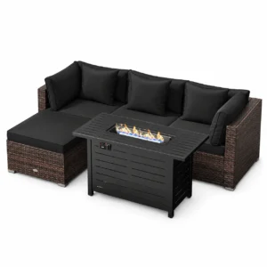 Costway 5 PCS Patio Furniture Set Heavy-duty Frame Rattan Sofa Set with 60,000 BTU Firepit Table Black