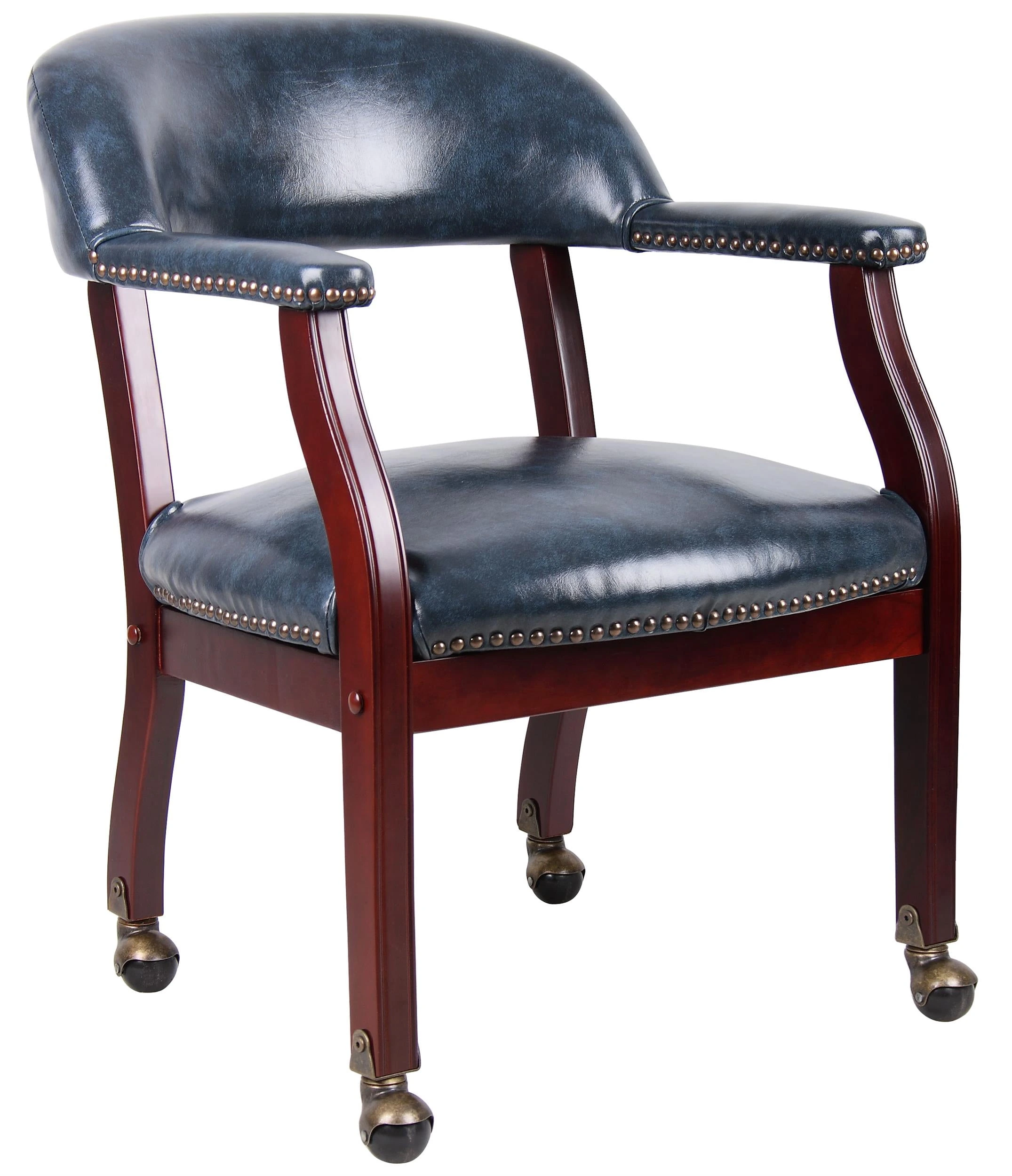 Boss Office Captains Chair in Blue and Mahogany with Casters