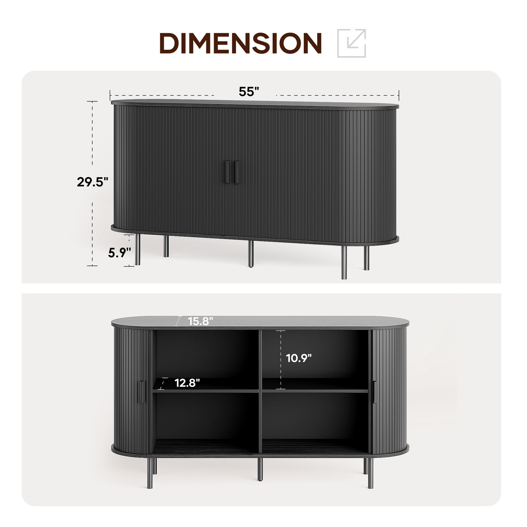 MARNUR Sideboard Buffet Cabinet 55" Storage Cabinet with 2 Sliding Tambour Doors, Adjustable Shelves for Kitchen Office Bedroom Hallway Entryway