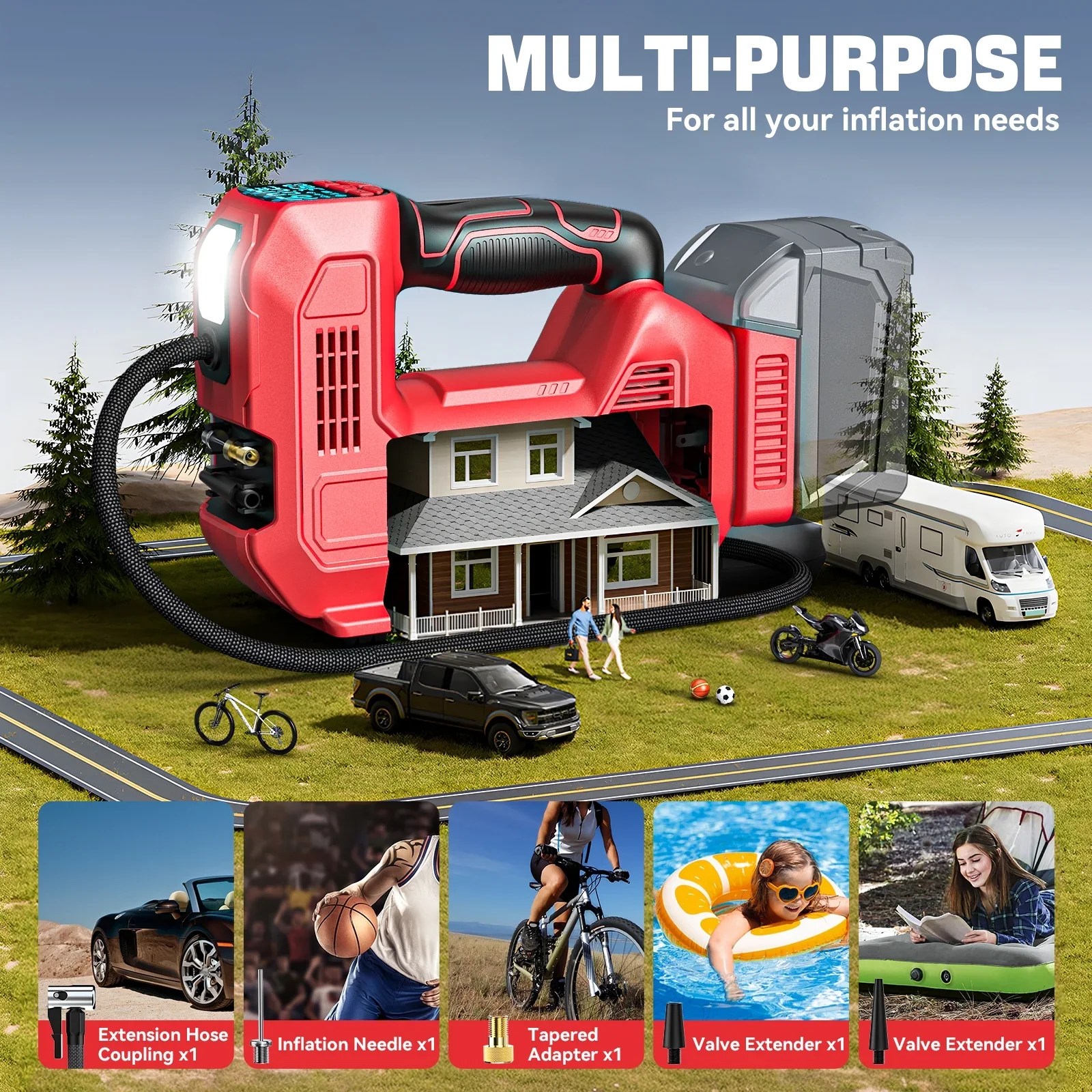 Cordless Digital Tire Inflator with LCD and Multiple Nozzles Tire Inflator for Milwaukee M18 Battery, Portable Air Compressor Auto Tire Pump(Tool Only, NO Battery)