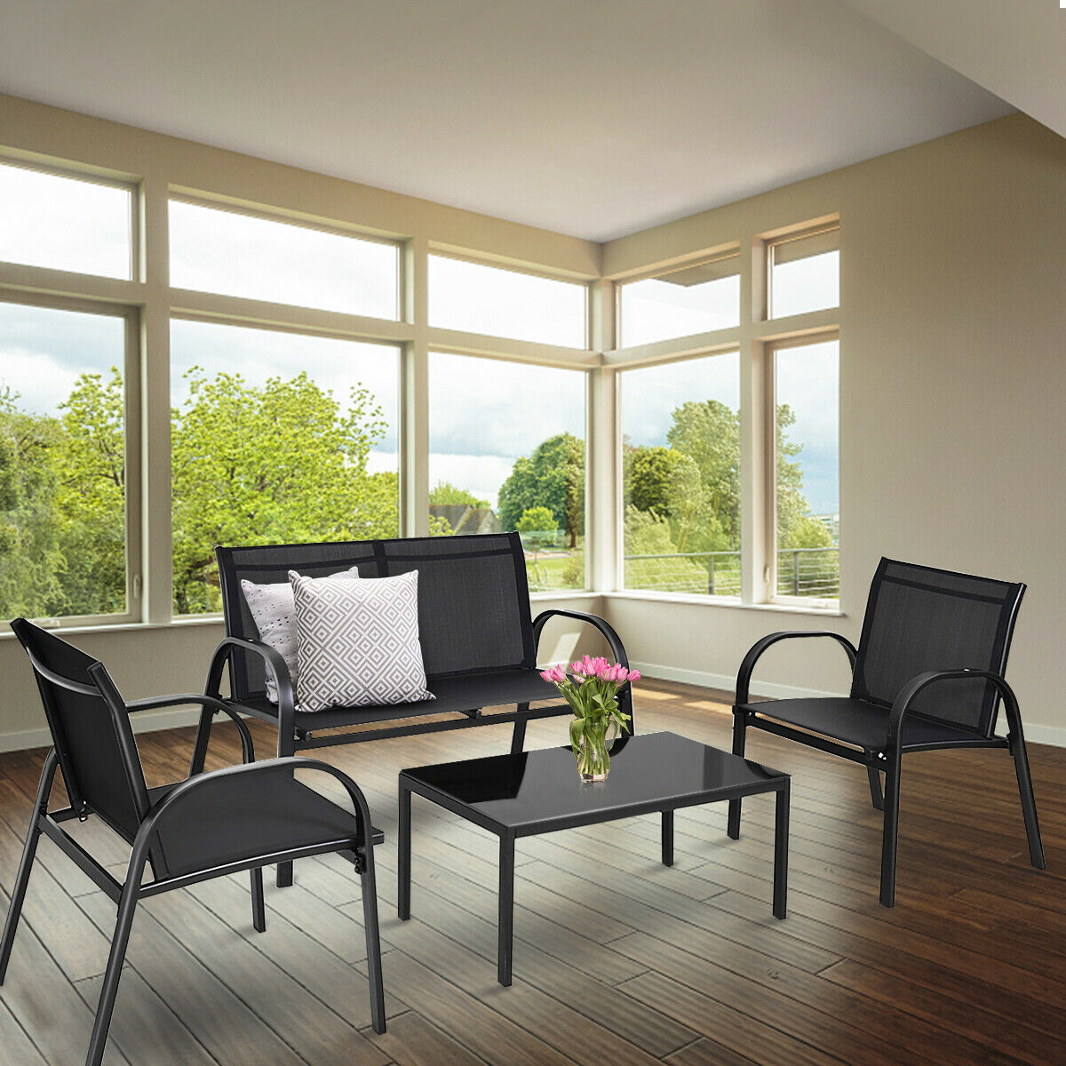Costway 4pcs Patio Furniture Set Sofa Coffee Table Steel Frame Garden Deck Black