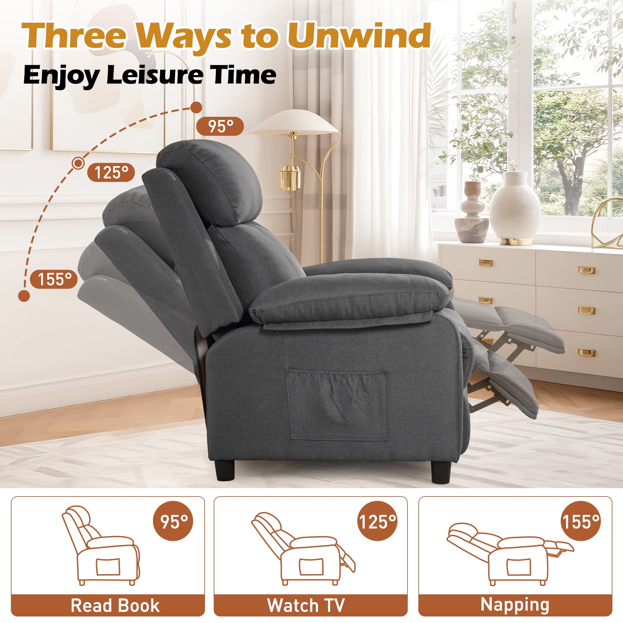 Korser Manual Push Back Recliner Chair with Side Pockets,Recliner Chairs for Adults for Living Room,Small Recliners for Small Spaces,Linen